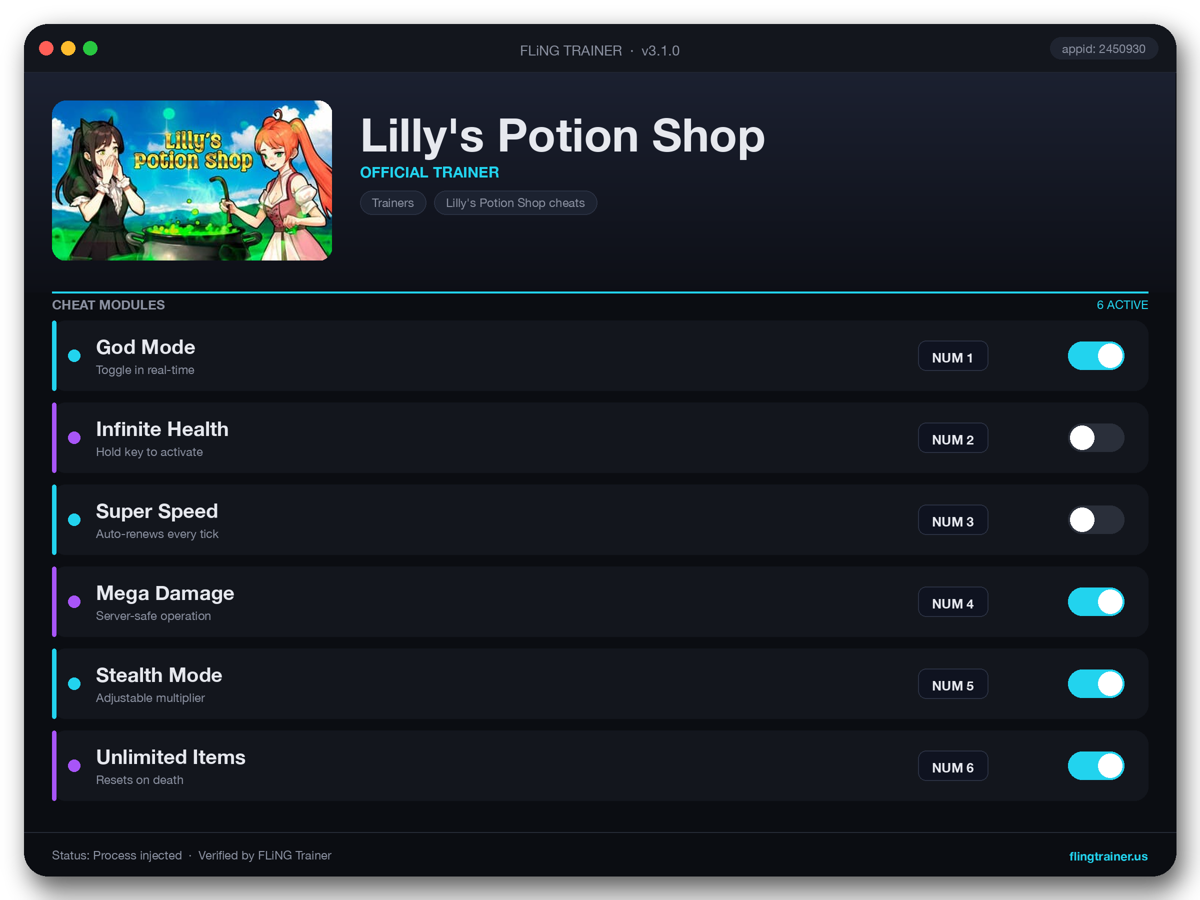 Lilly's Potion Shop Trainer interface