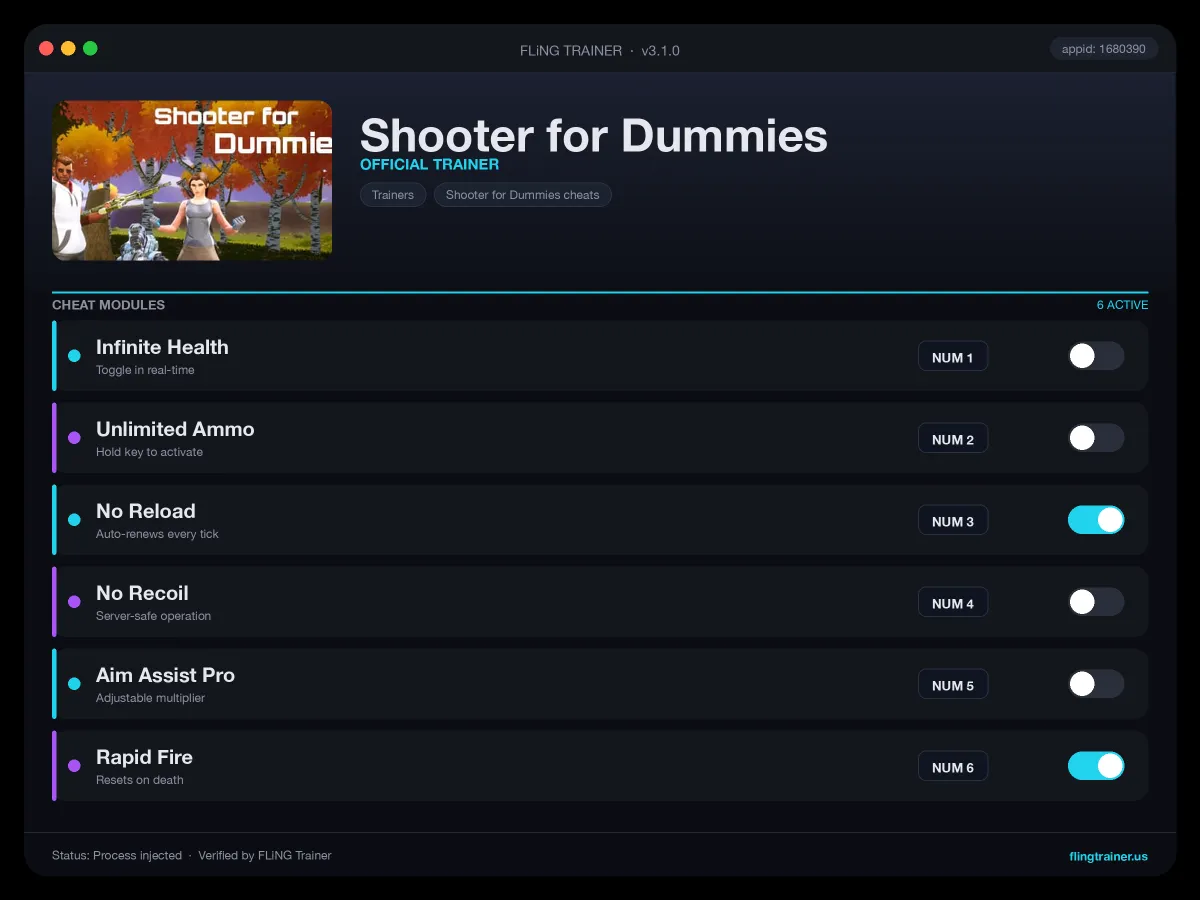 Shooter for Dummies Trainer interface