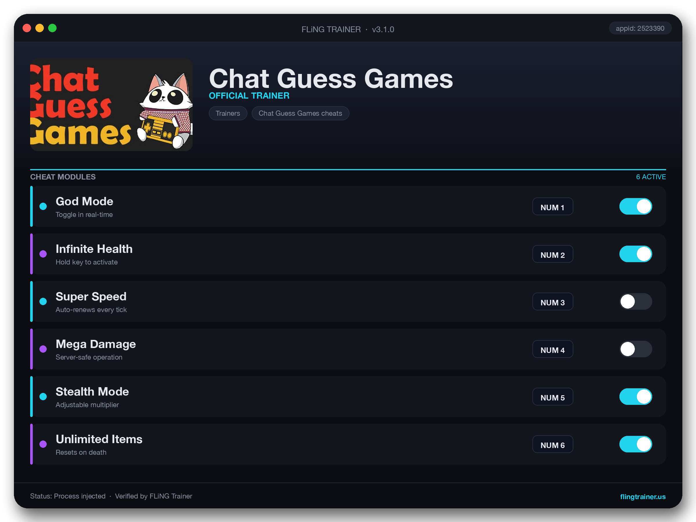 Chat Guess Games Trainer interface