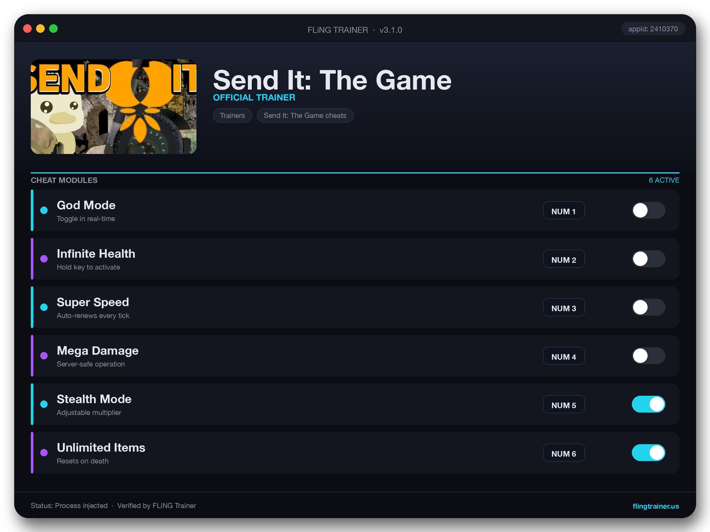 Send It: The Game Trainer interface