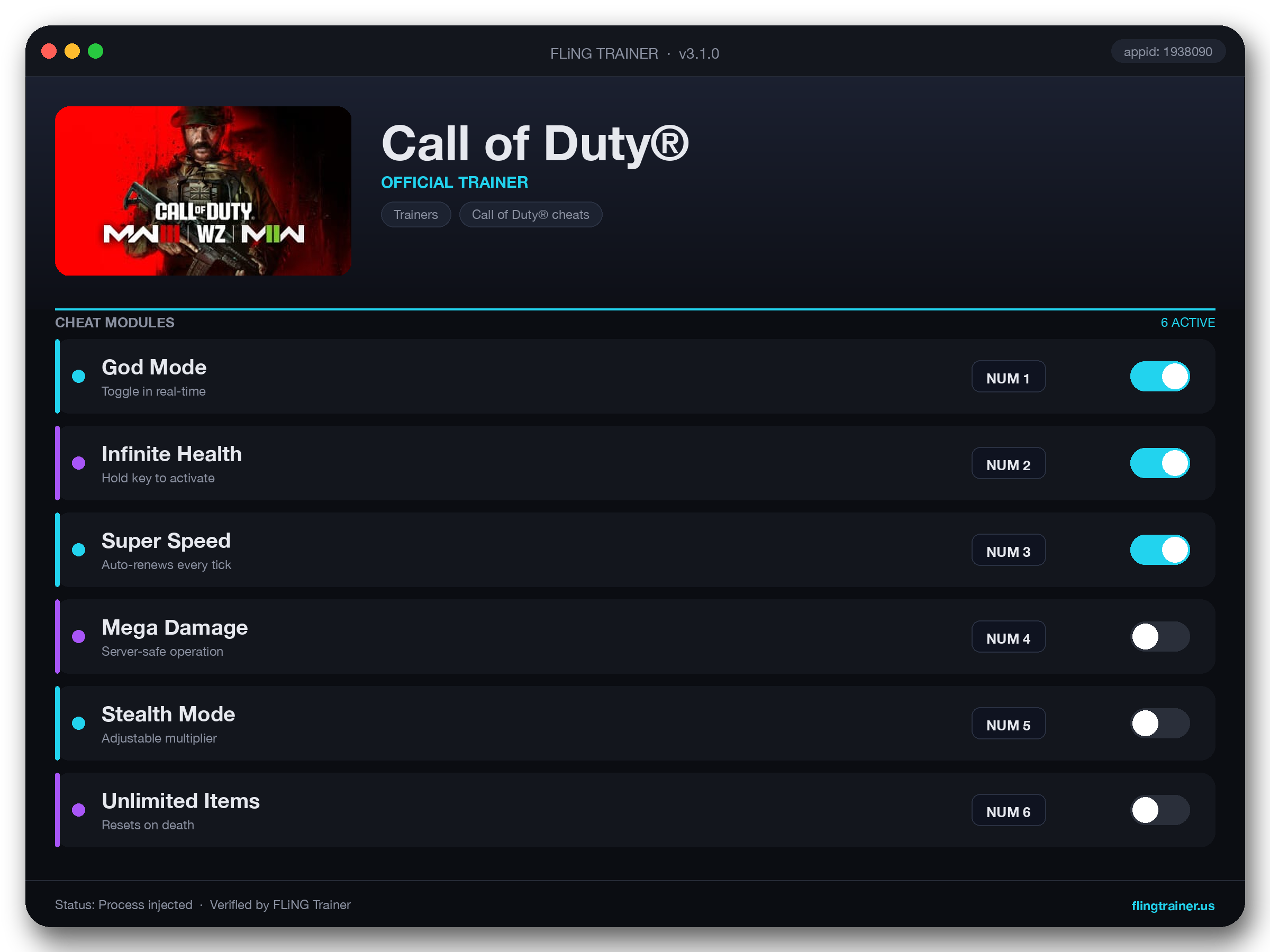 Call of Duty® Trainer interface
