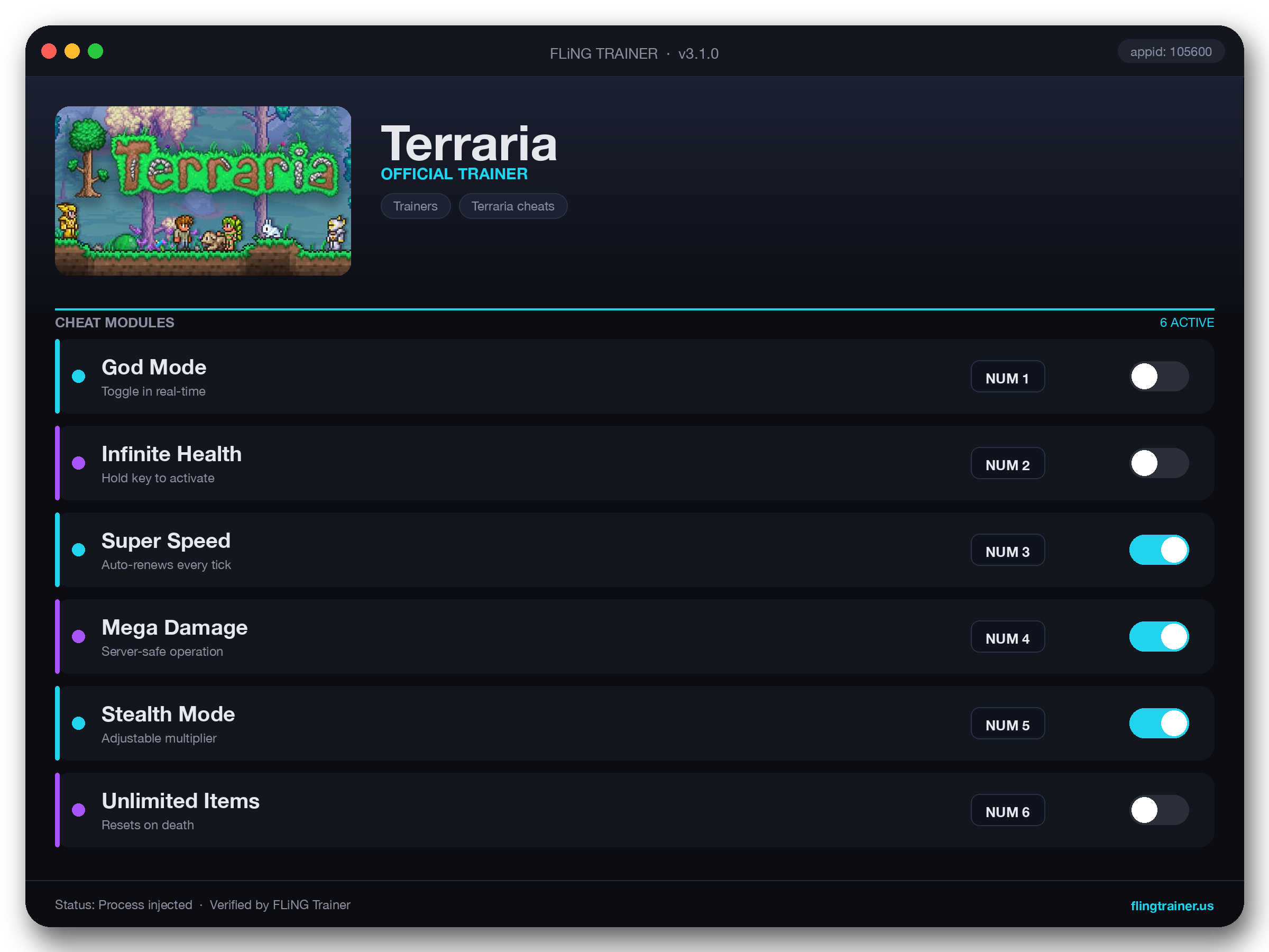 Terraria Trainer interface