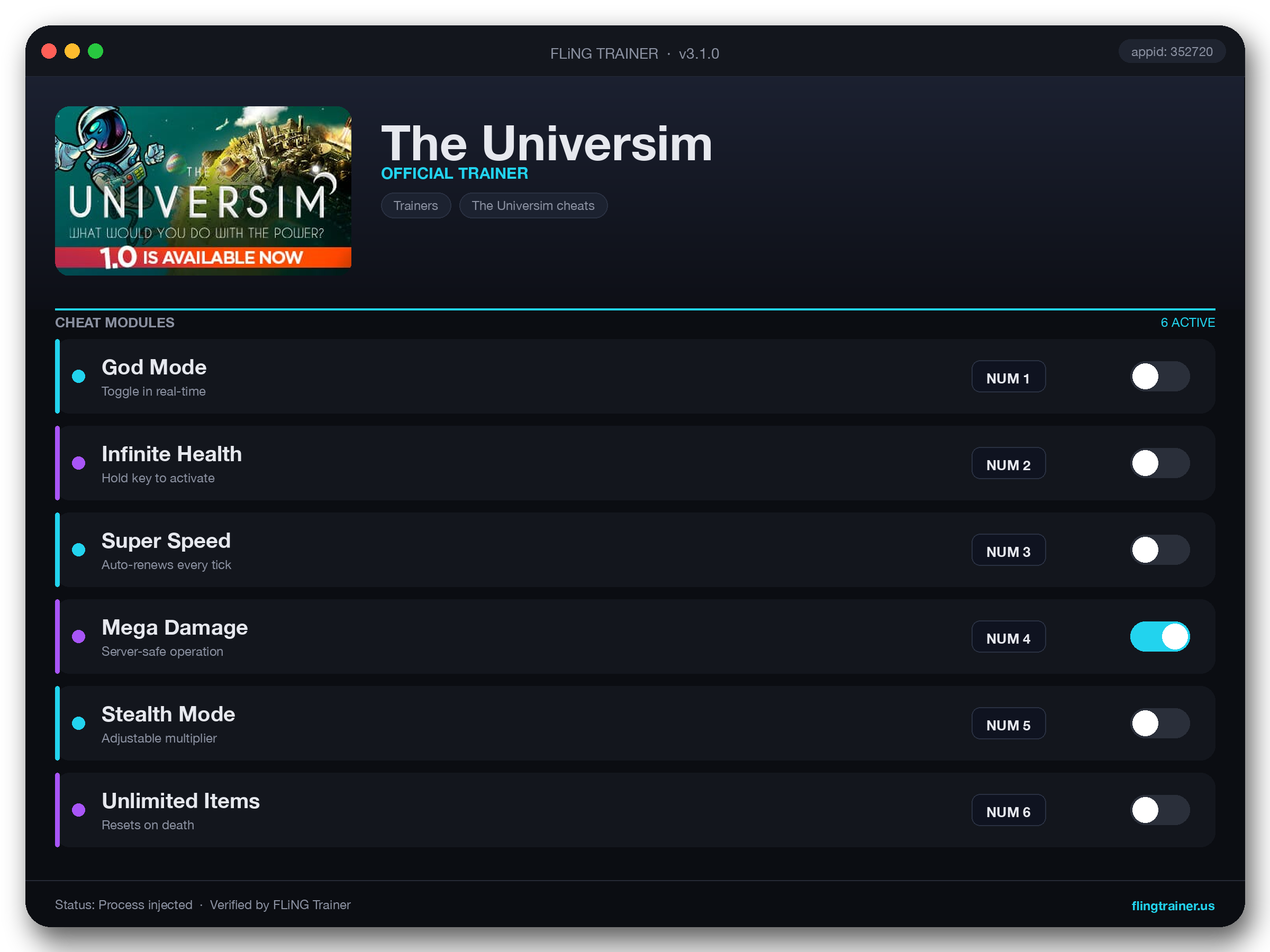 The Universim Trainer interface