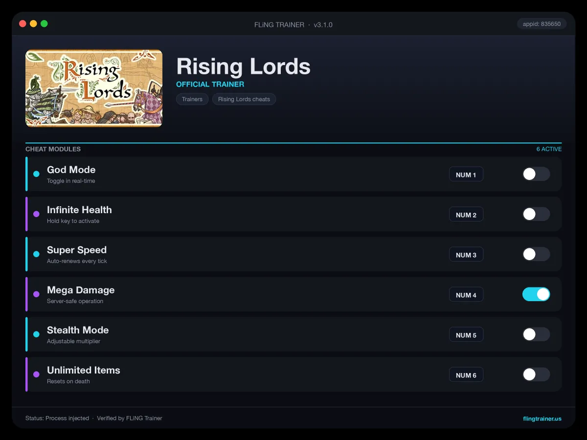Rising Lords Trainer interface