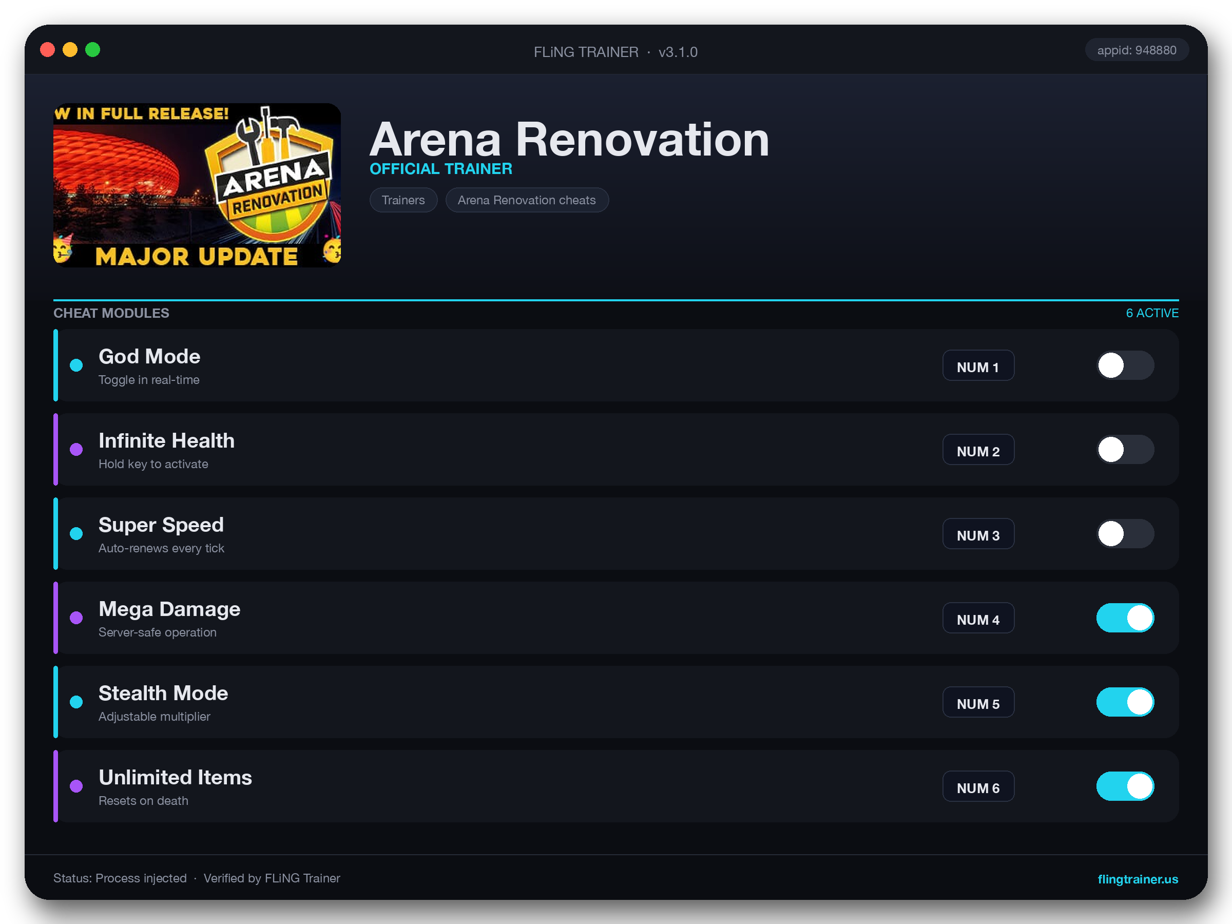 Arena Renovation Trainer interface
