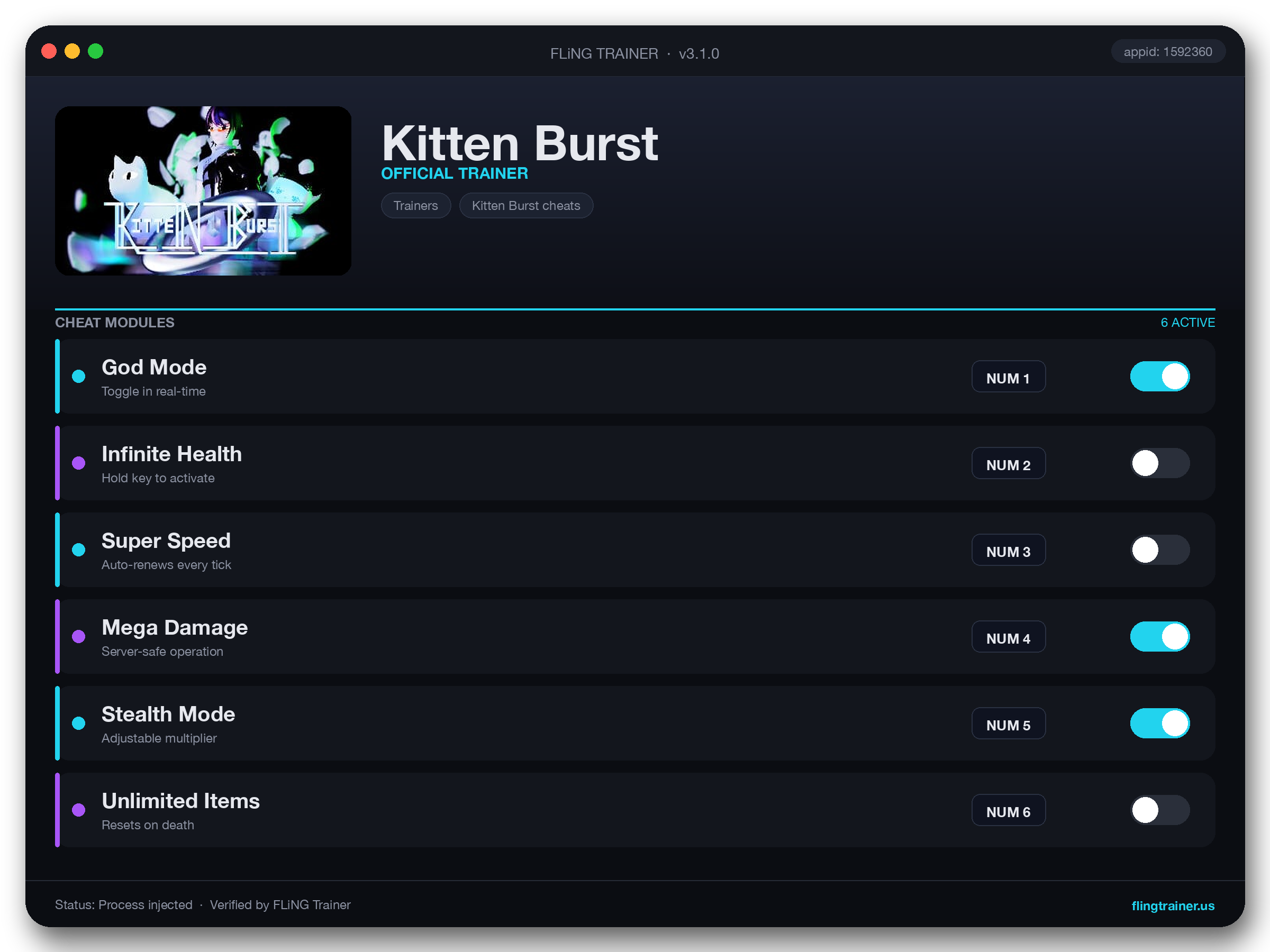 Kitten Burst Trainer interface
