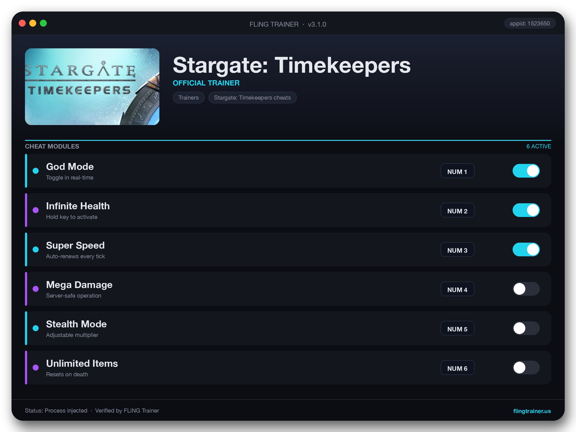 Stargate: Timekeepers Trainer interface