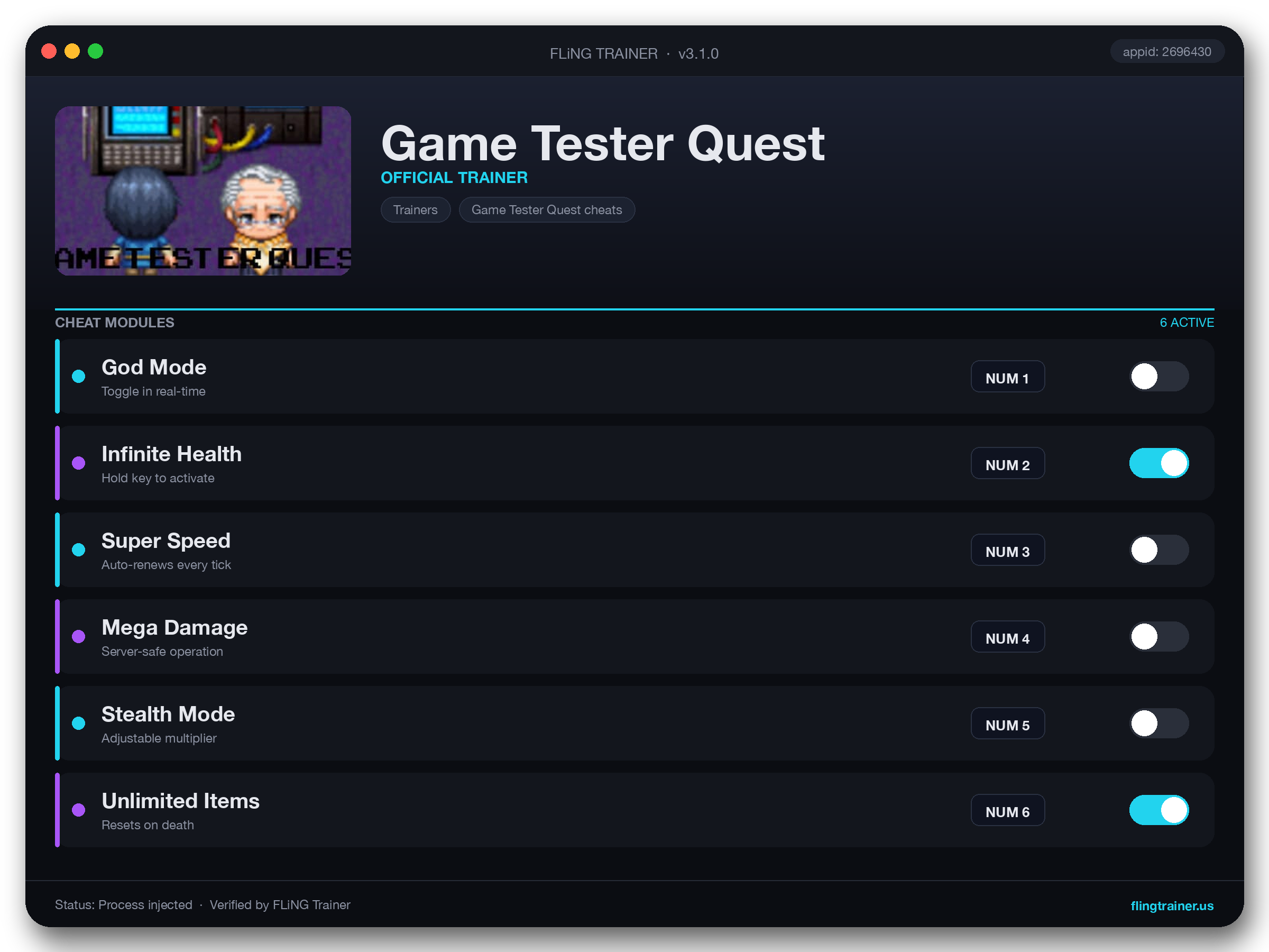 Game Tester Quest Trainer interface