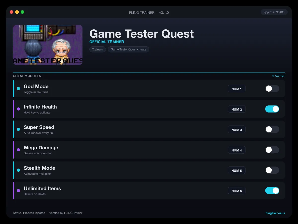 Game Tester Quest Trainer interface