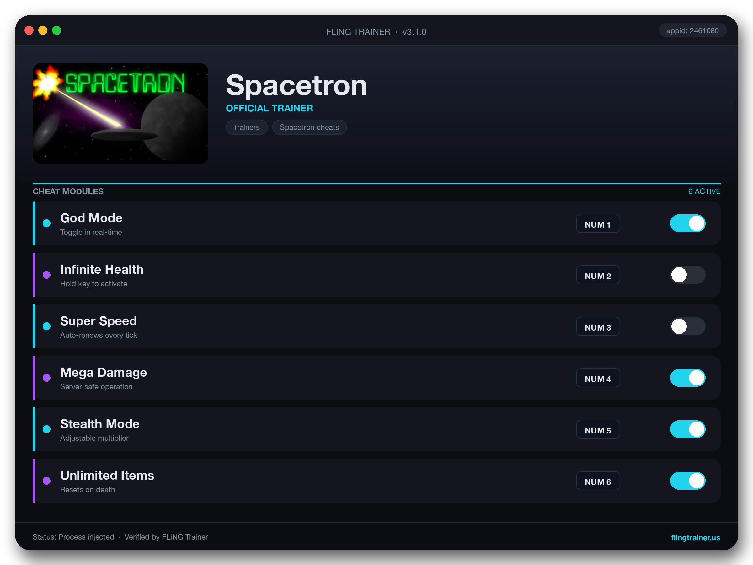 Spacetron Trainer interface