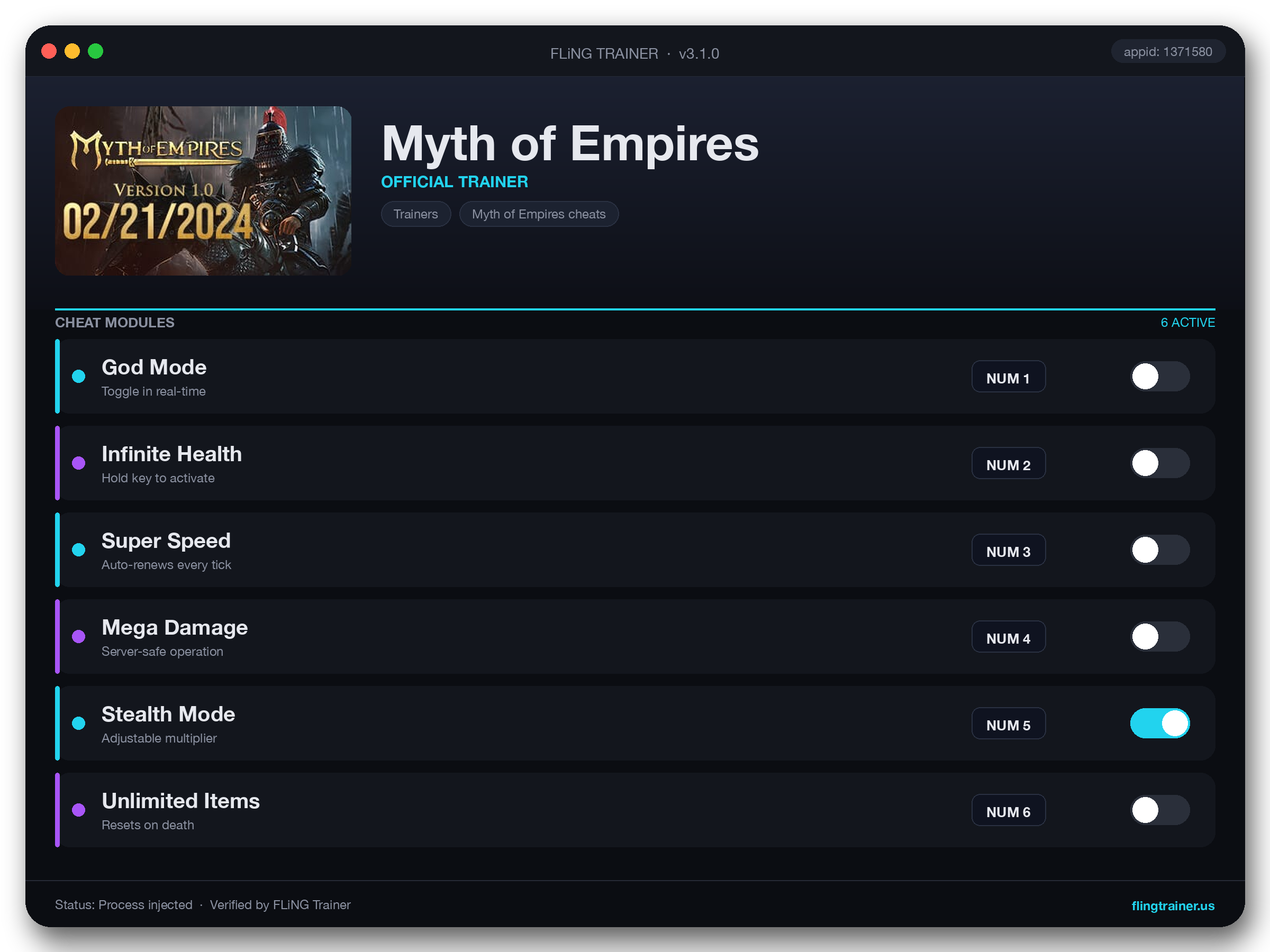 Myth of Empires Trainer interface