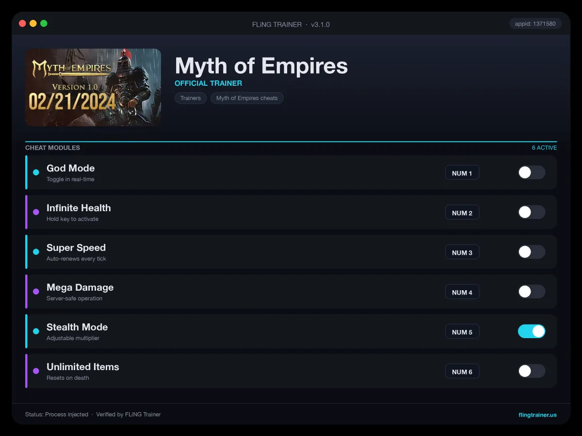 Myth of Empires Trainer interface