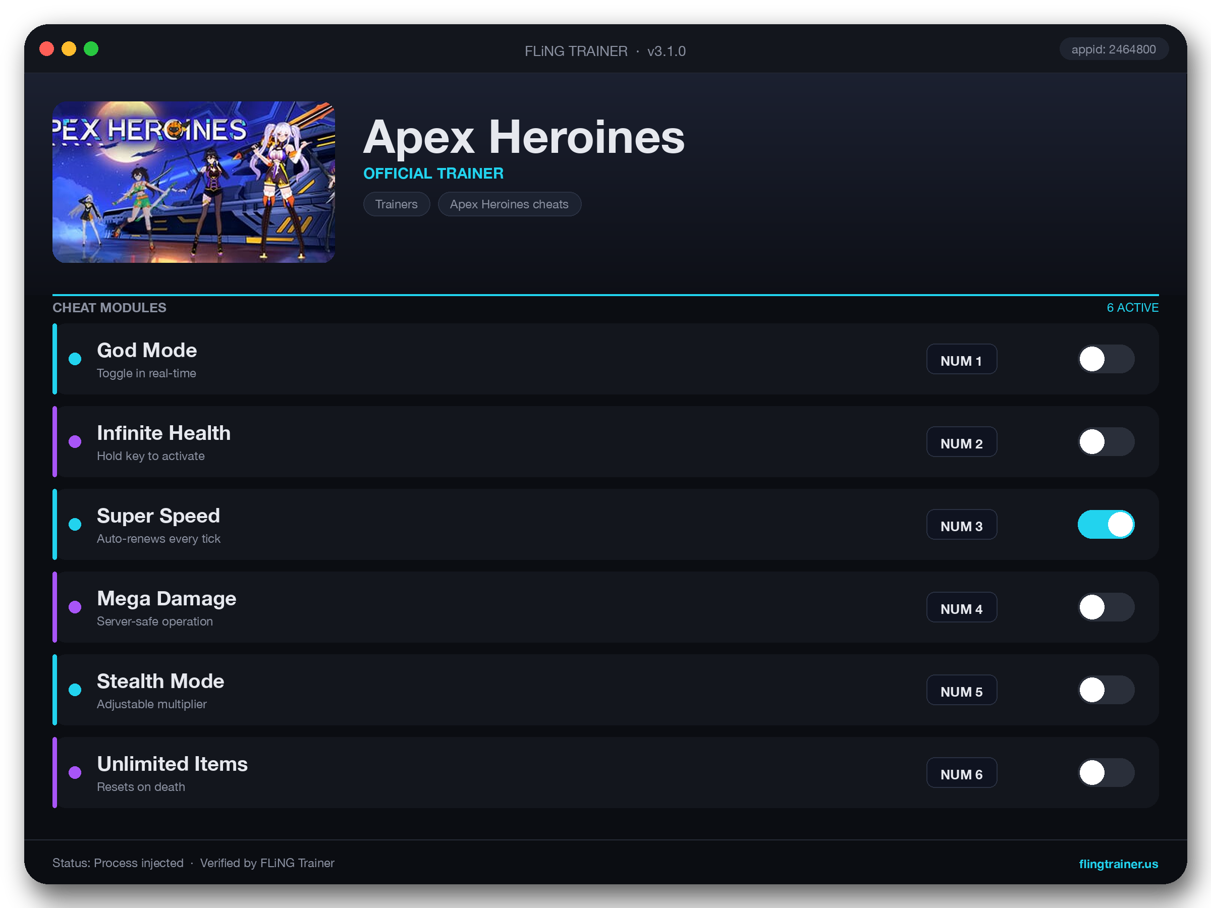 Apex Heroines Trainer interface