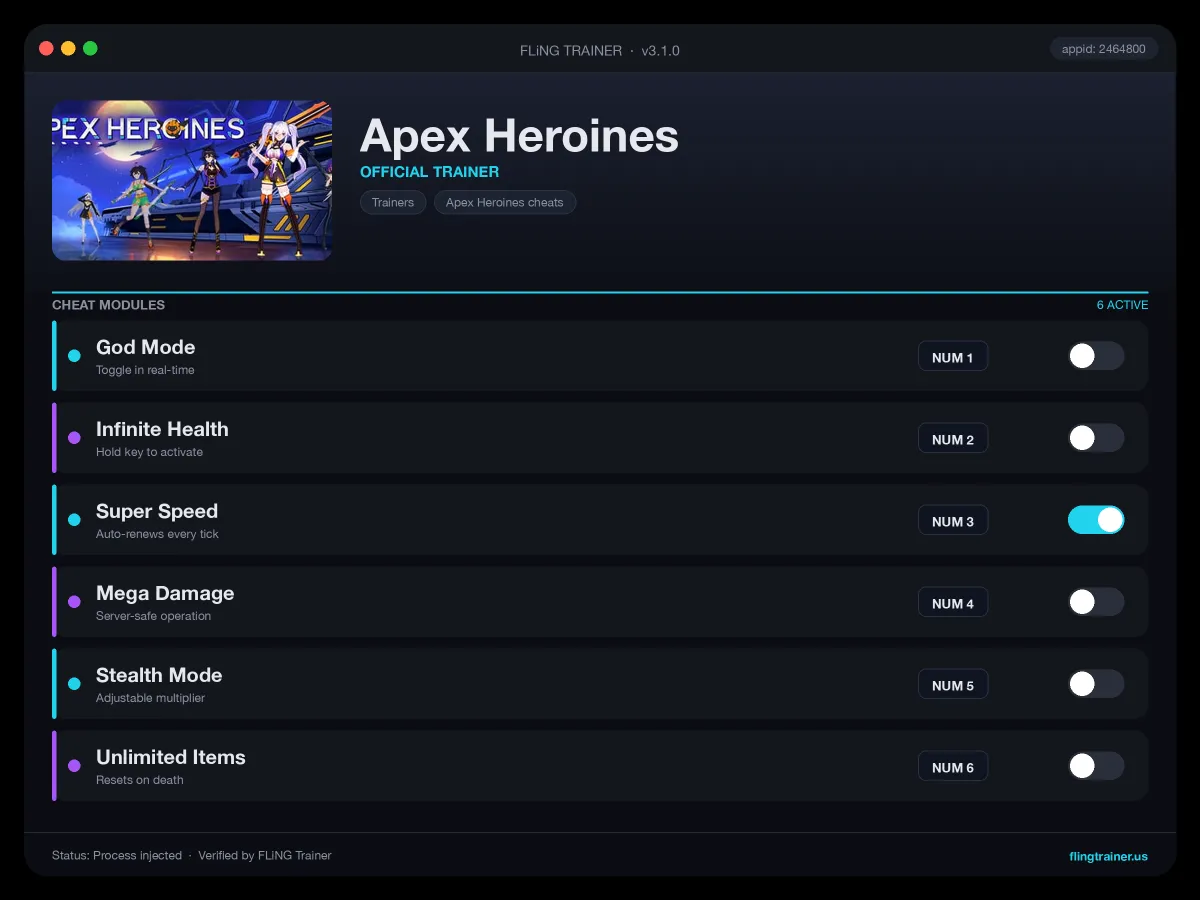 Apex Heroines Trainer interface
