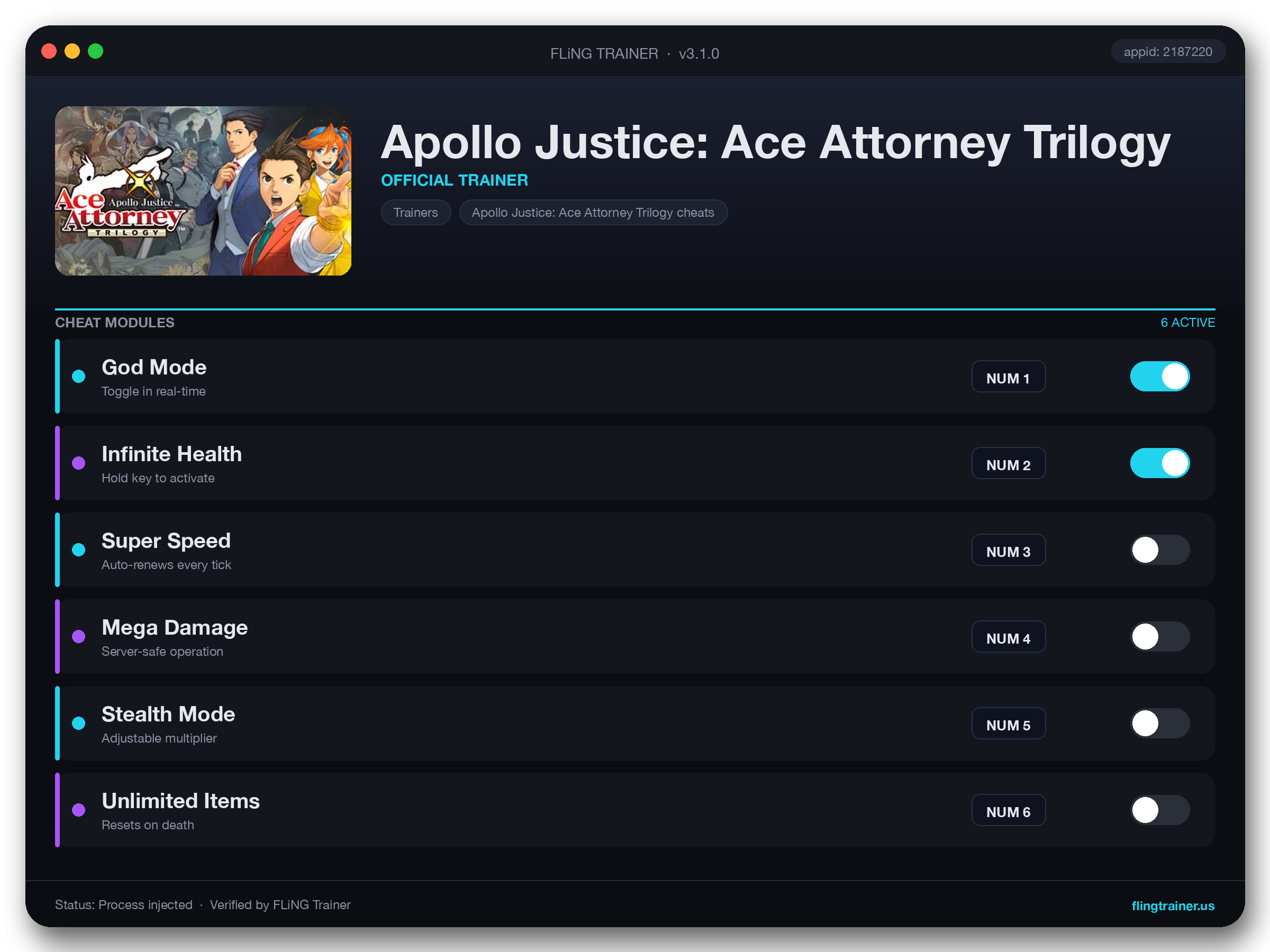 Apollo Justice: Ace Attorney Trilogy Trainer interface