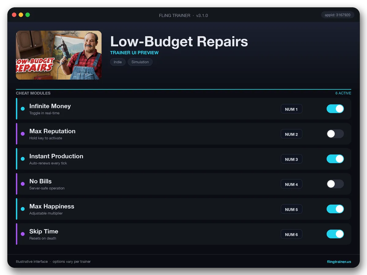 Low-Budget Repairs Trainer interface