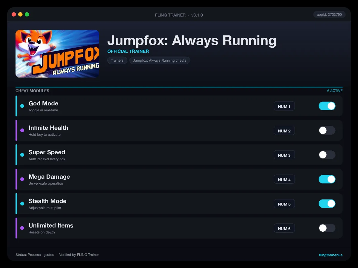 Jumpfox: Always Running Trainer interface