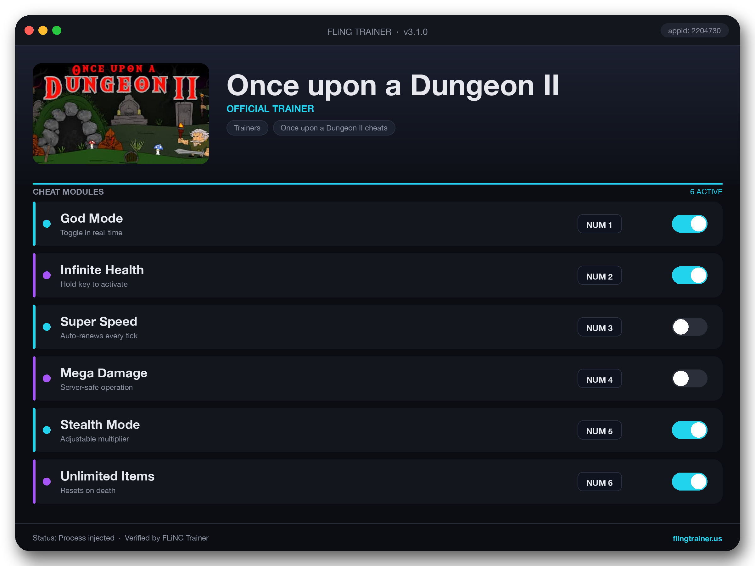 Once upon a Dungeon II Trainer interface