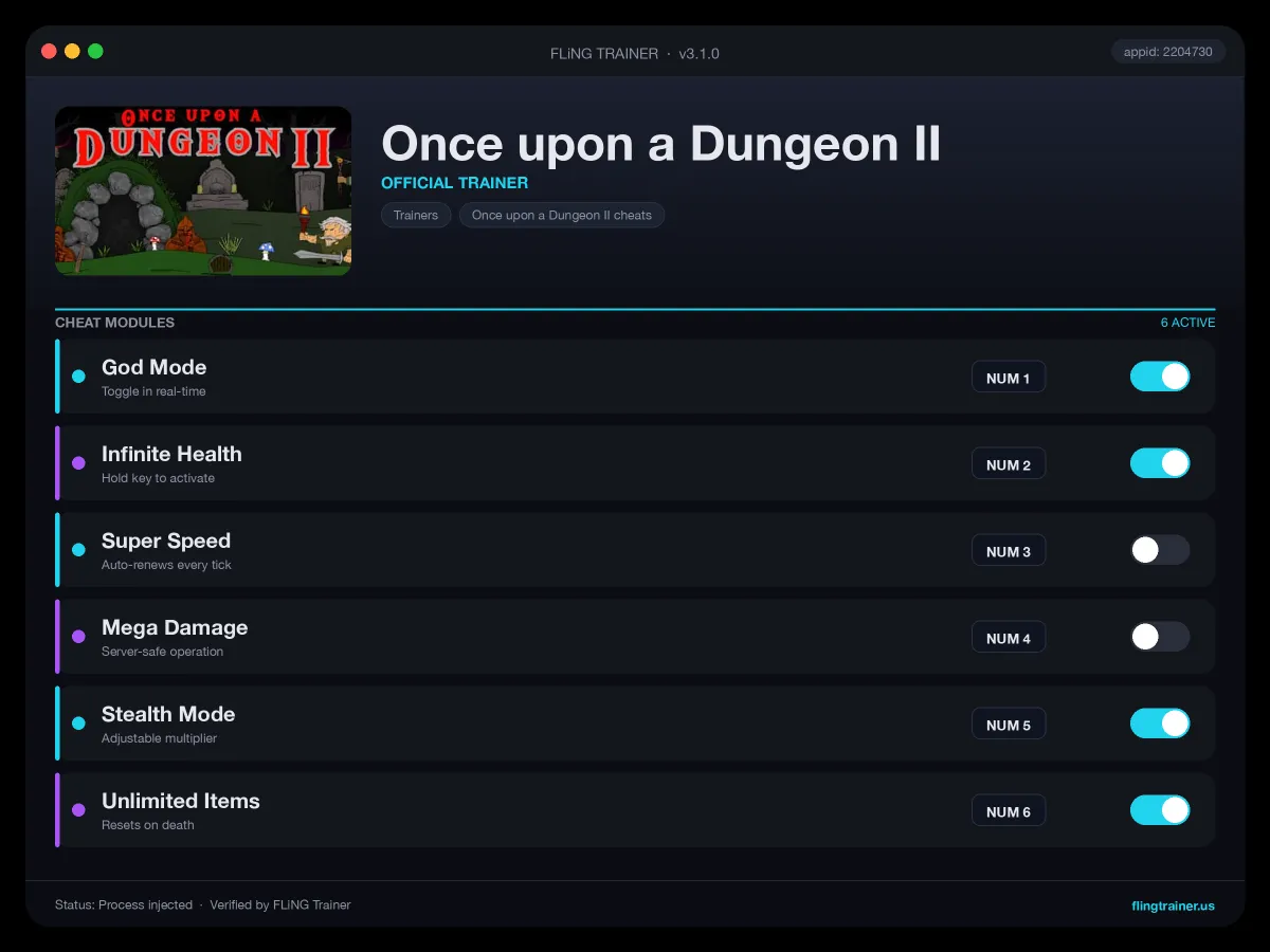 Once upon a Dungeon II Trainer interface