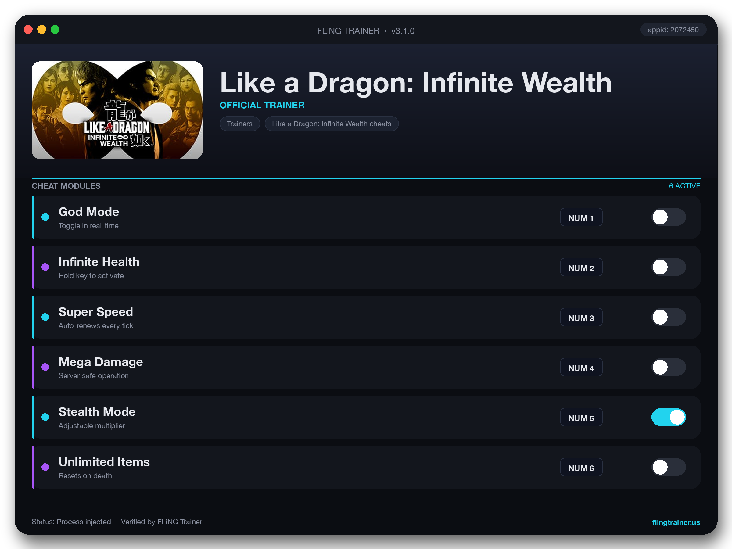 Like a Dragon: Infinite Wealth Trainer interface