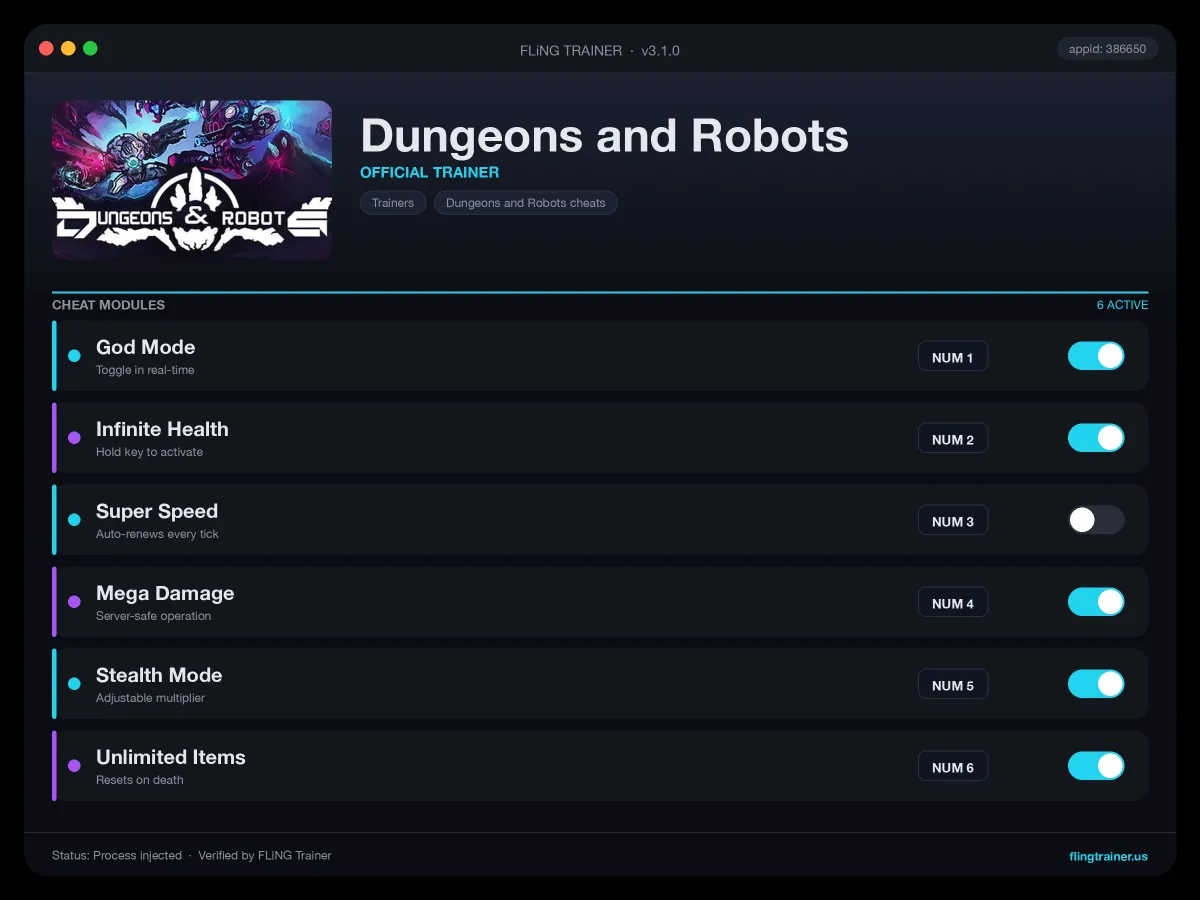 Dungeons and Robots Trainer interface