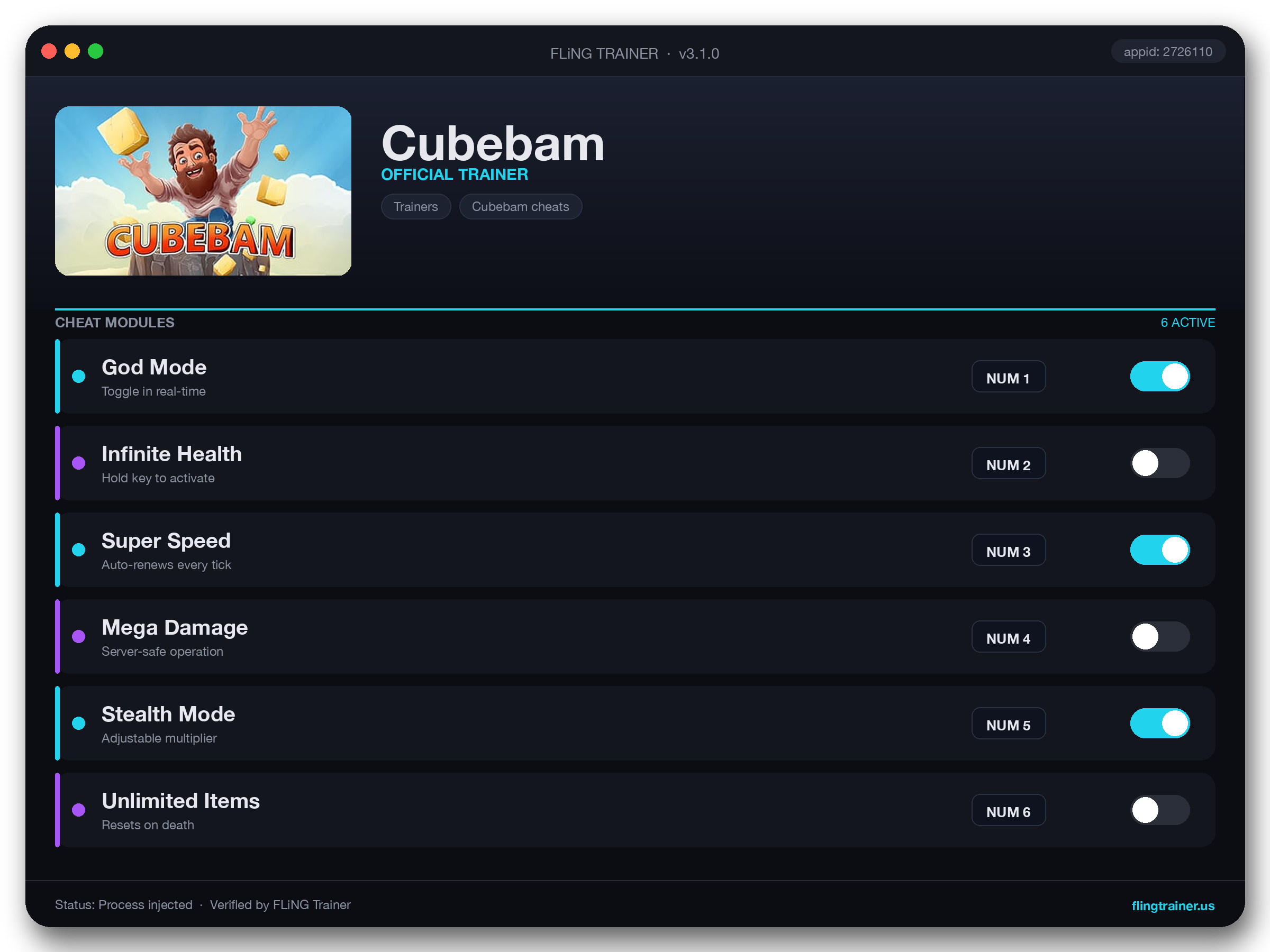 Cubebam Trainer interface
