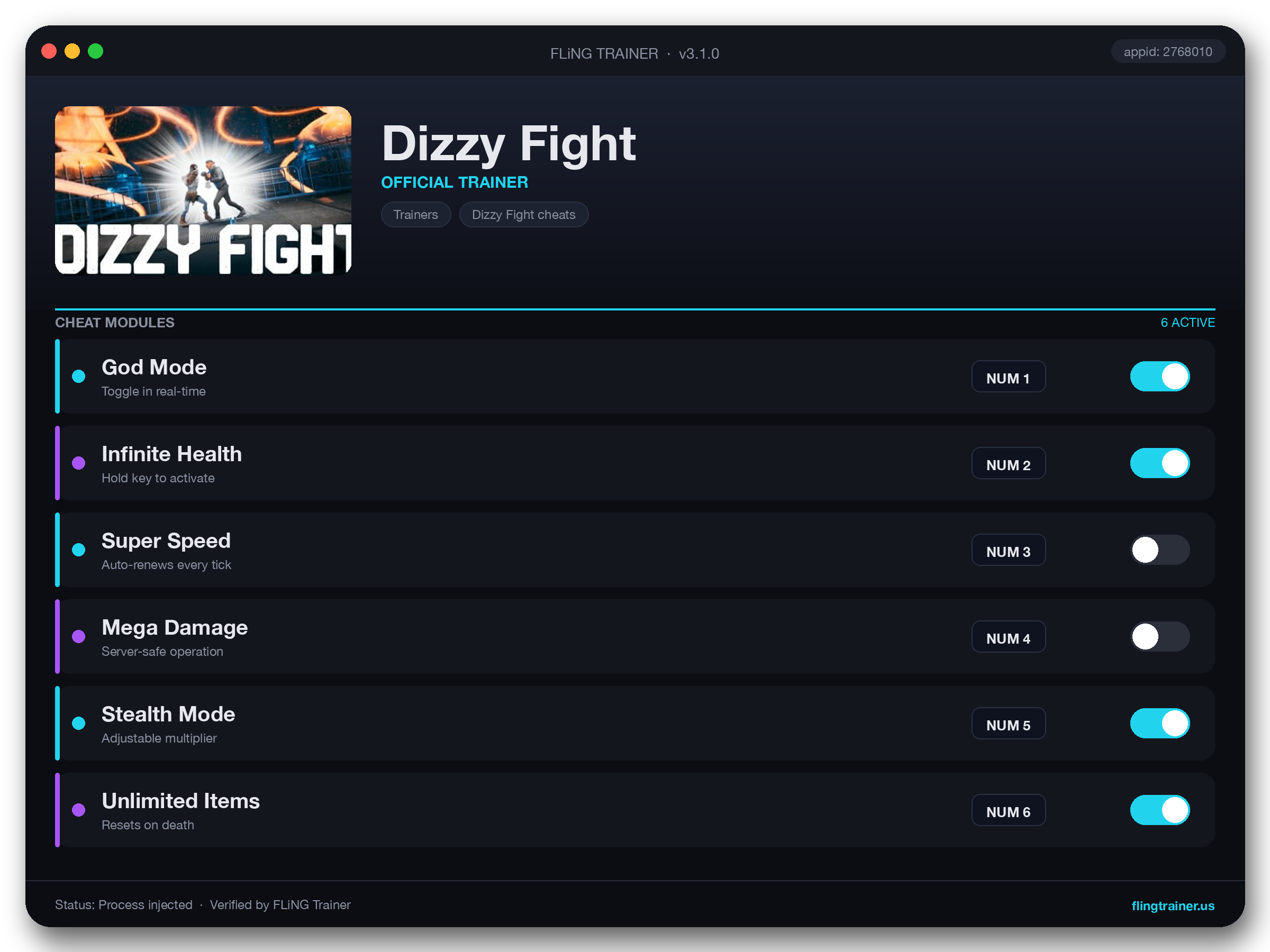 Dizzy Fight Trainer interface