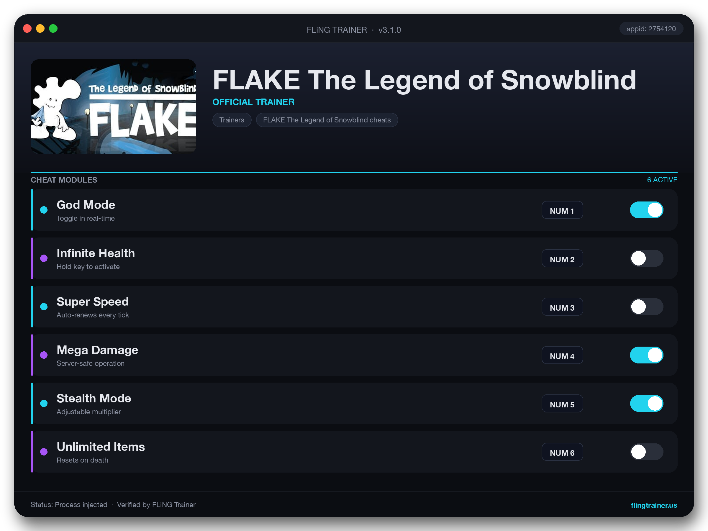 FLAKE The Legend of Snowblind Trainer interface