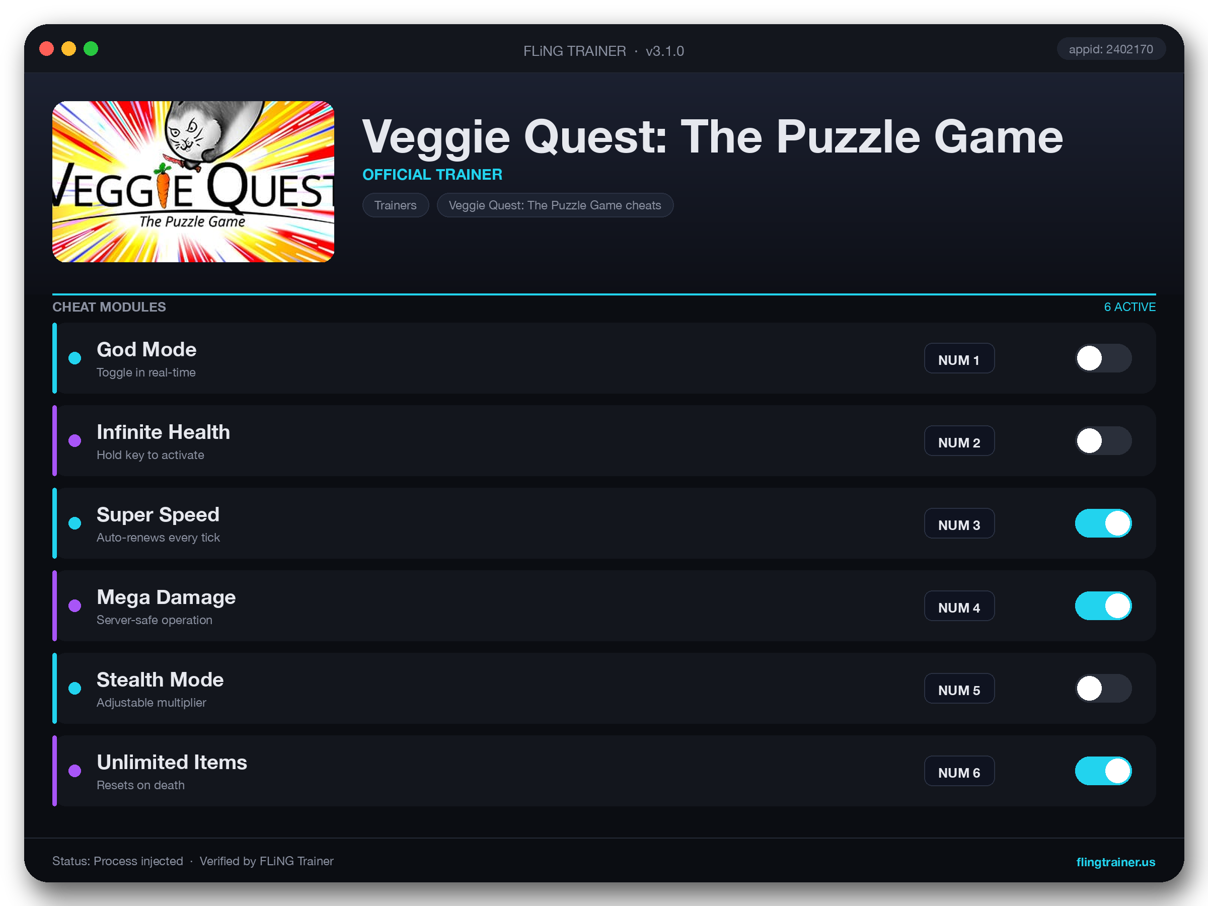 Veggie Quest: The Puzzle Game Trainer interface