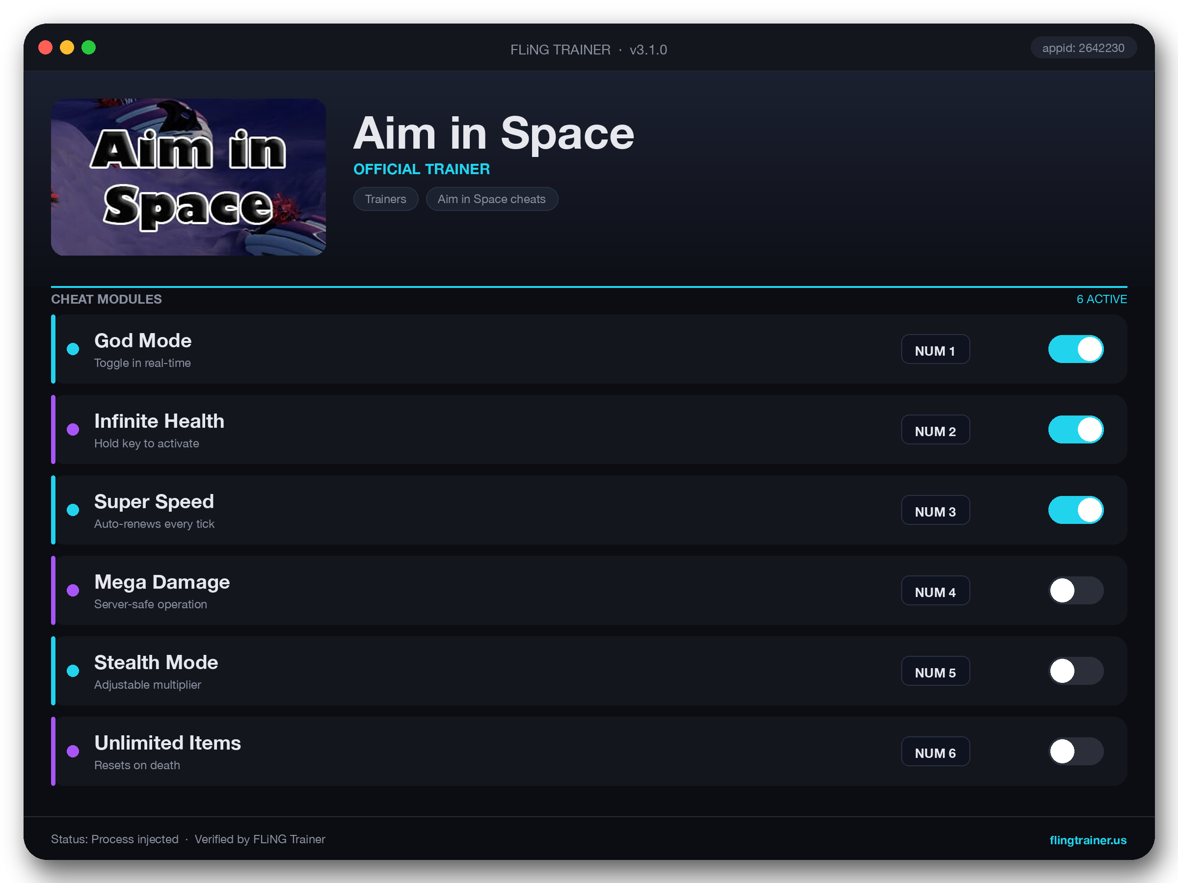 Aim in Space Trainer interface