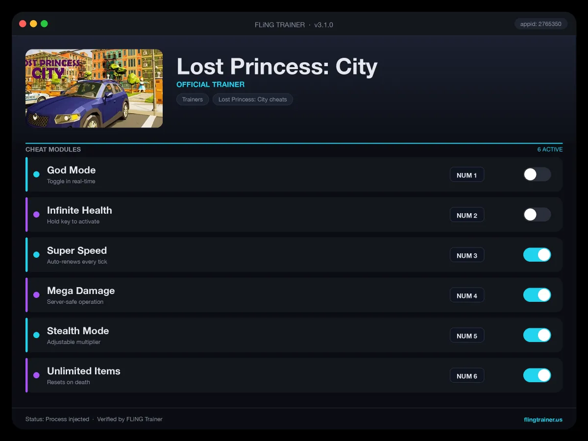 Lost Princess: City Trainer interface