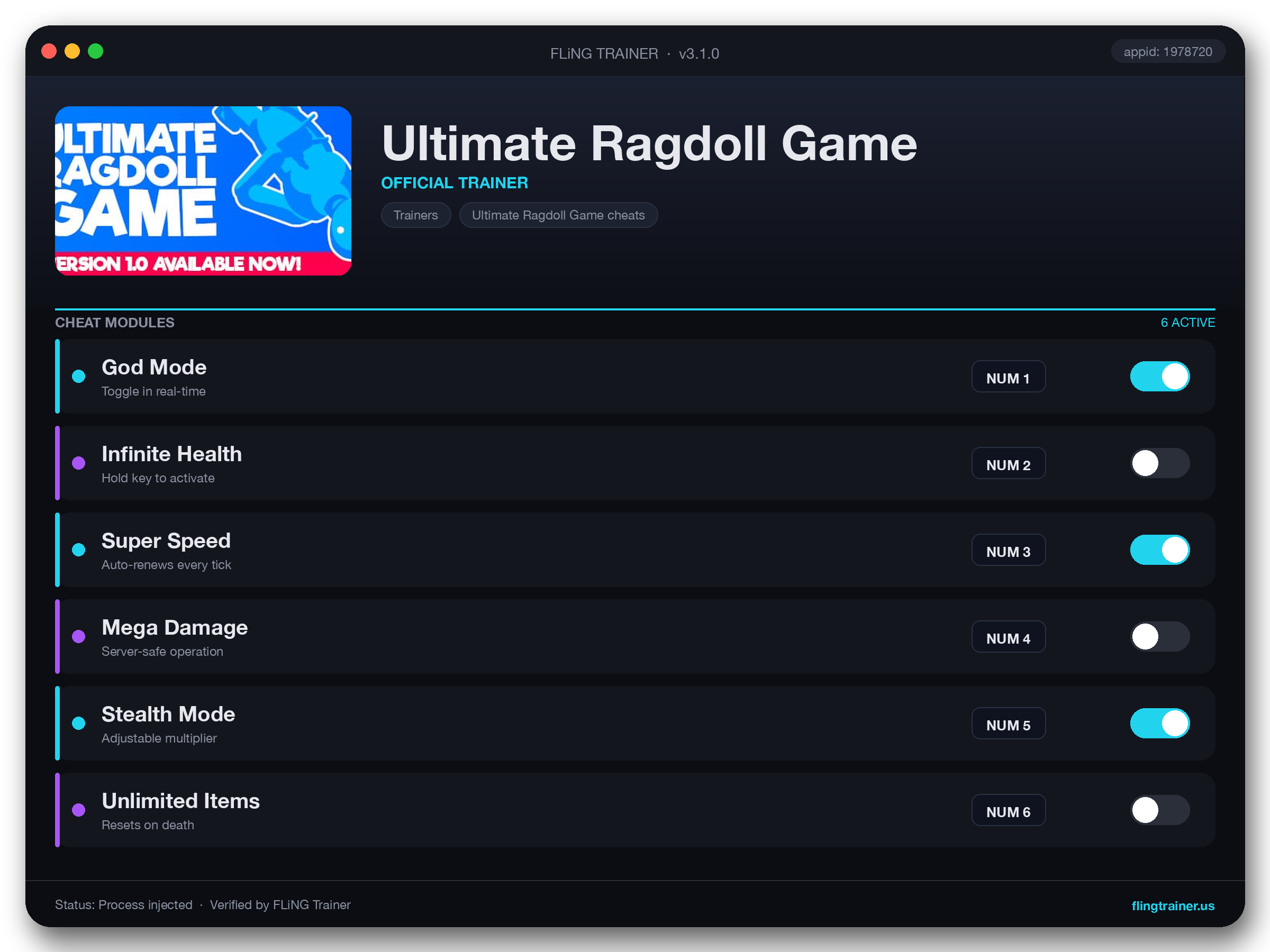 Ultimate Ragdoll Game Trainer interface