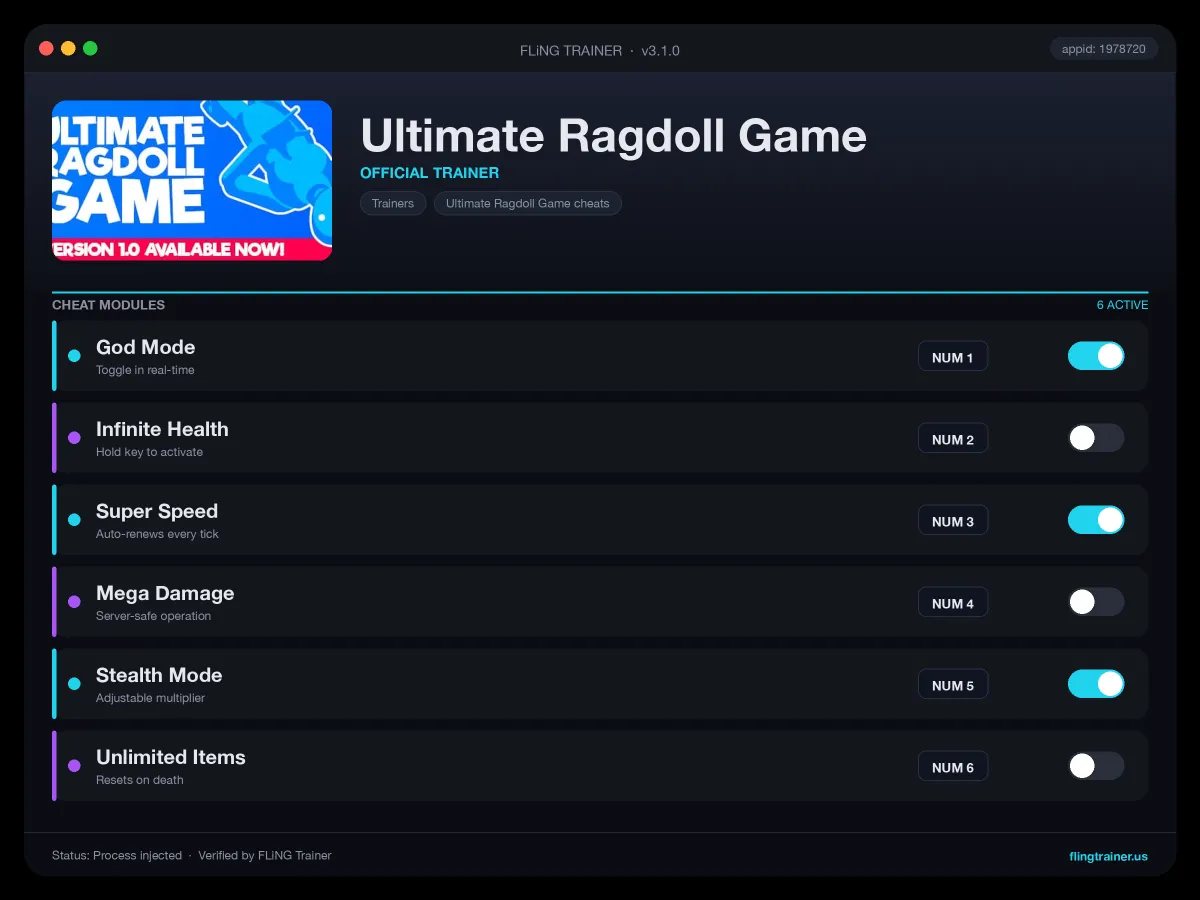 Ultimate Ragdoll Game Trainer interface
