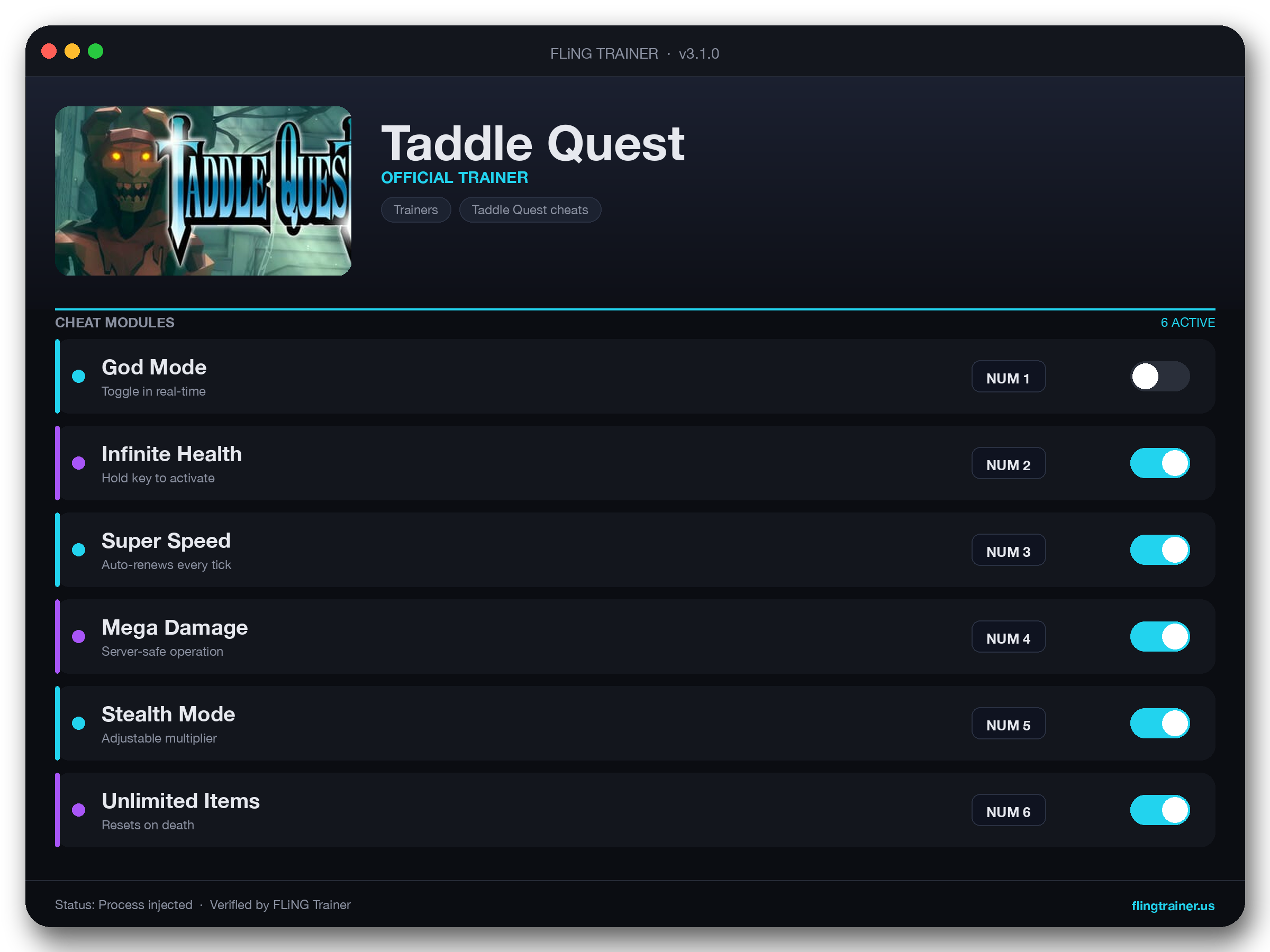 Taddle Quest Trainer interface