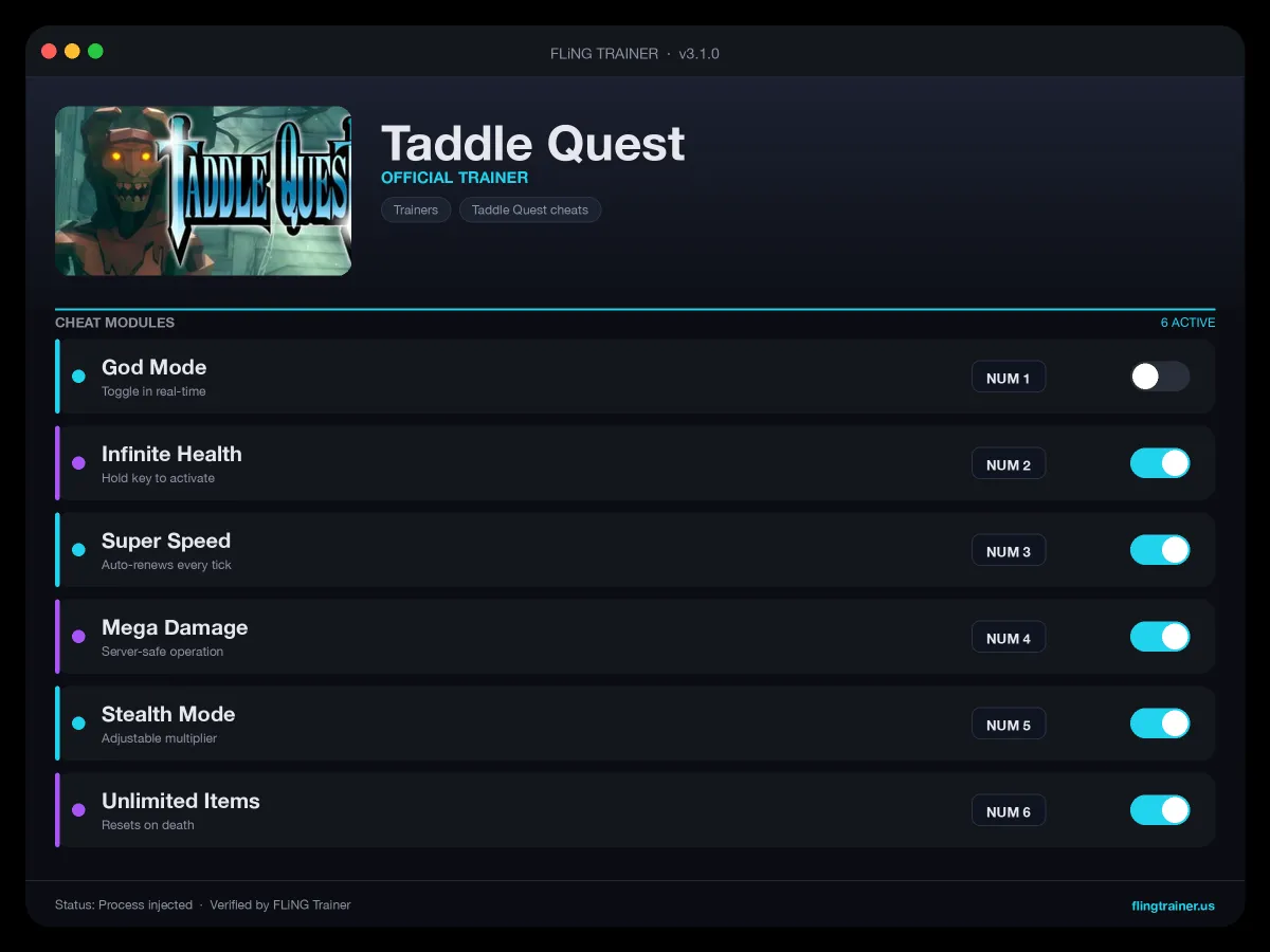 Taddle Quest Trainer interface