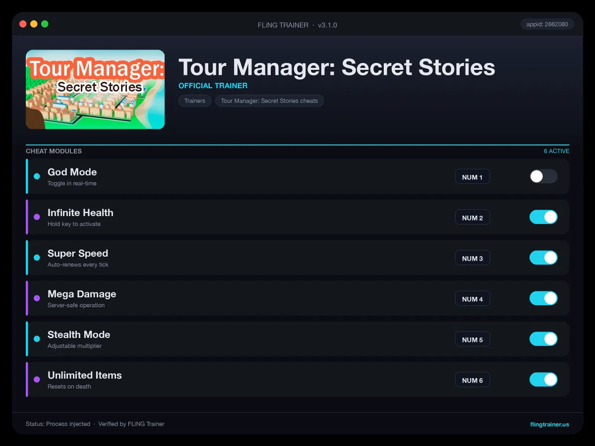 Tour Manager: Secret Stories Trainer interface