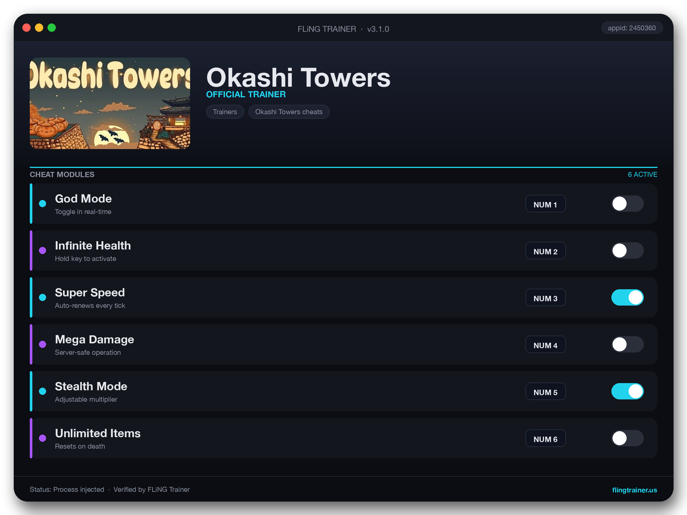 Okashi Towers Trainer interface