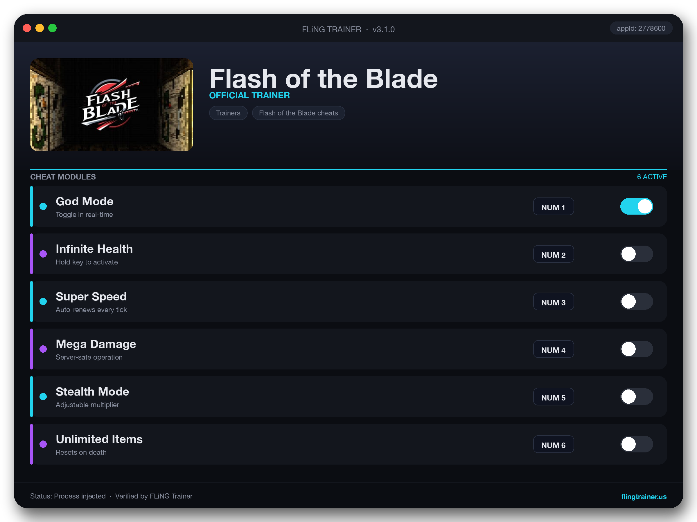 Flash of the Blade Trainer interface