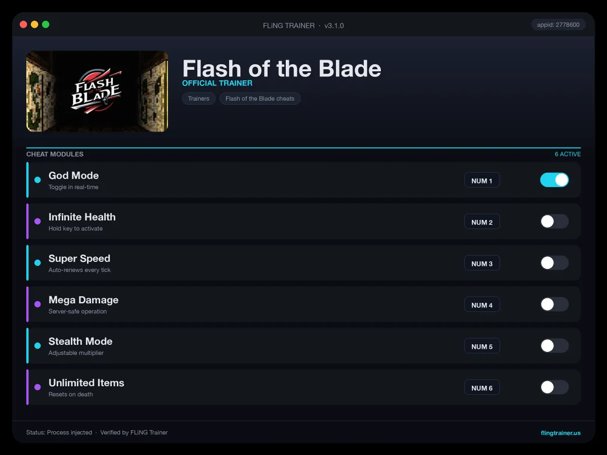 Flash of the Blade Trainer interface