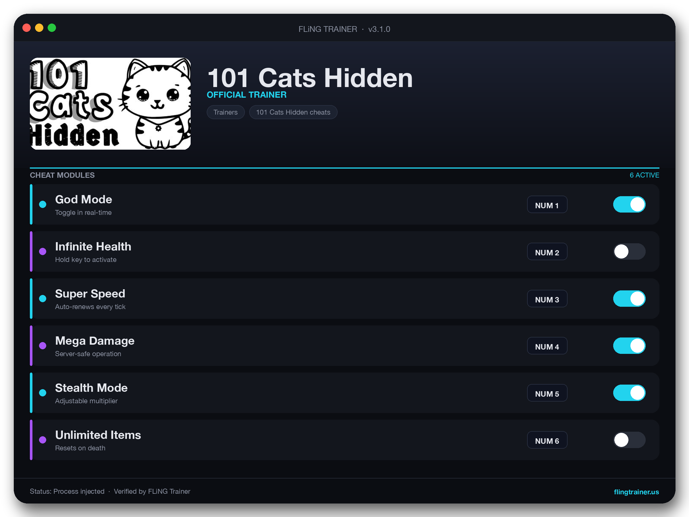 101 Cats Hidden Trainer interface