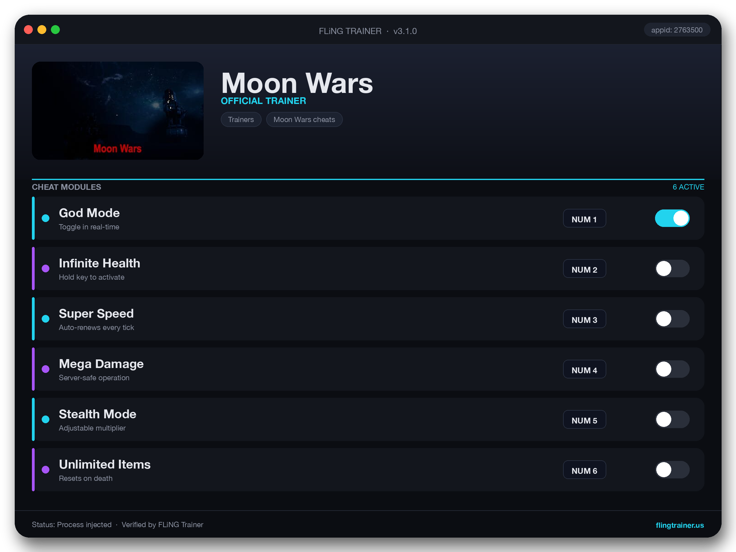 Moon Wars Trainer interface