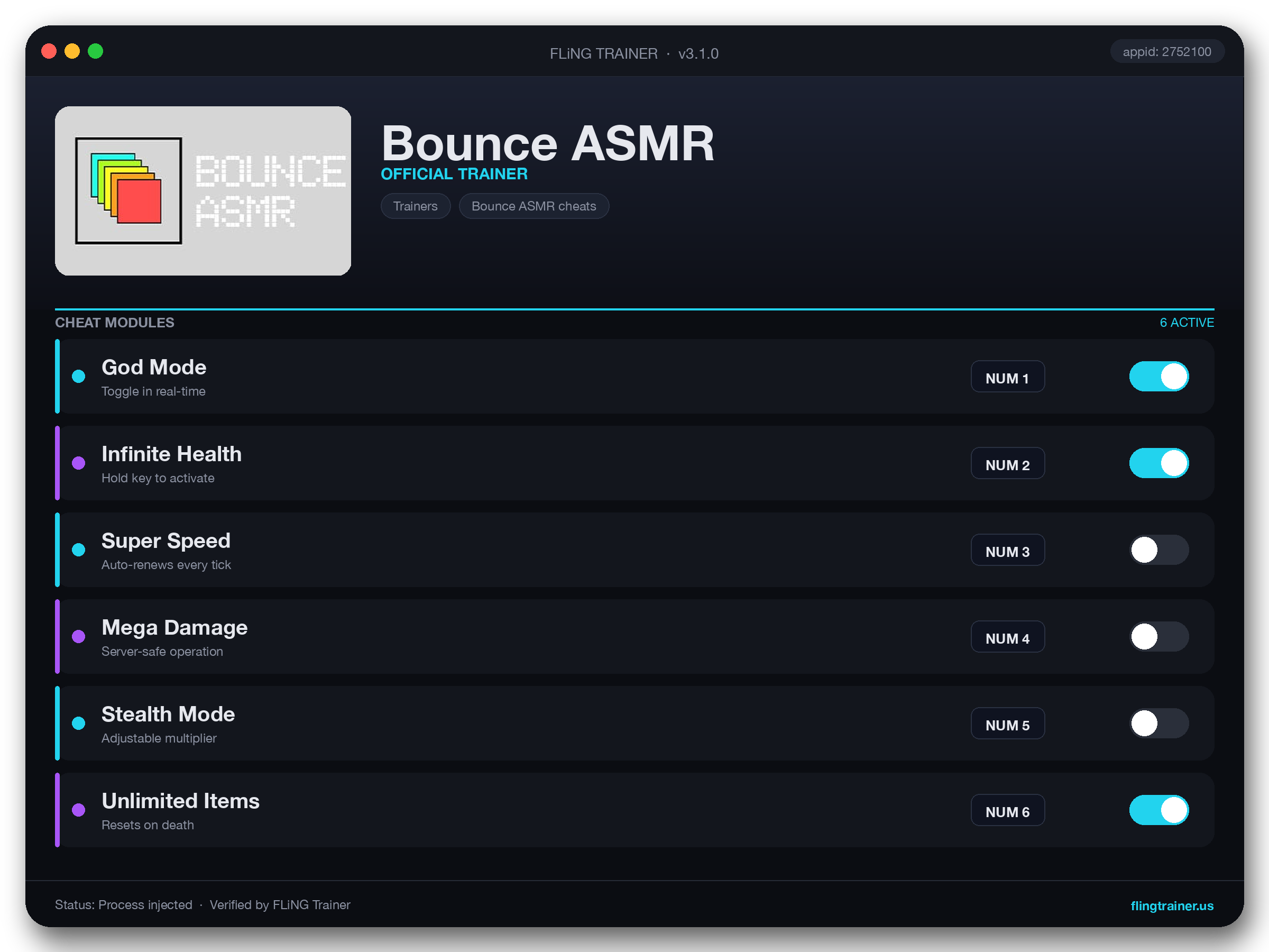 Bounce ASMR Trainer interface