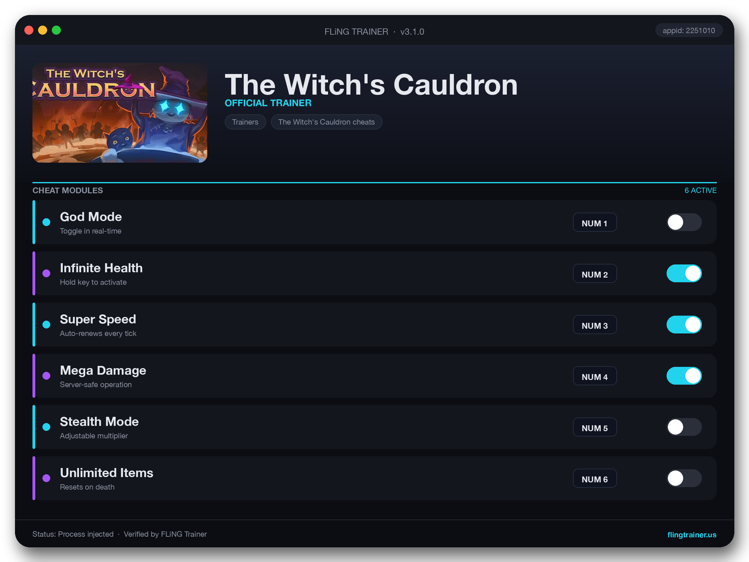 The Witch's Cauldron Trainer interface