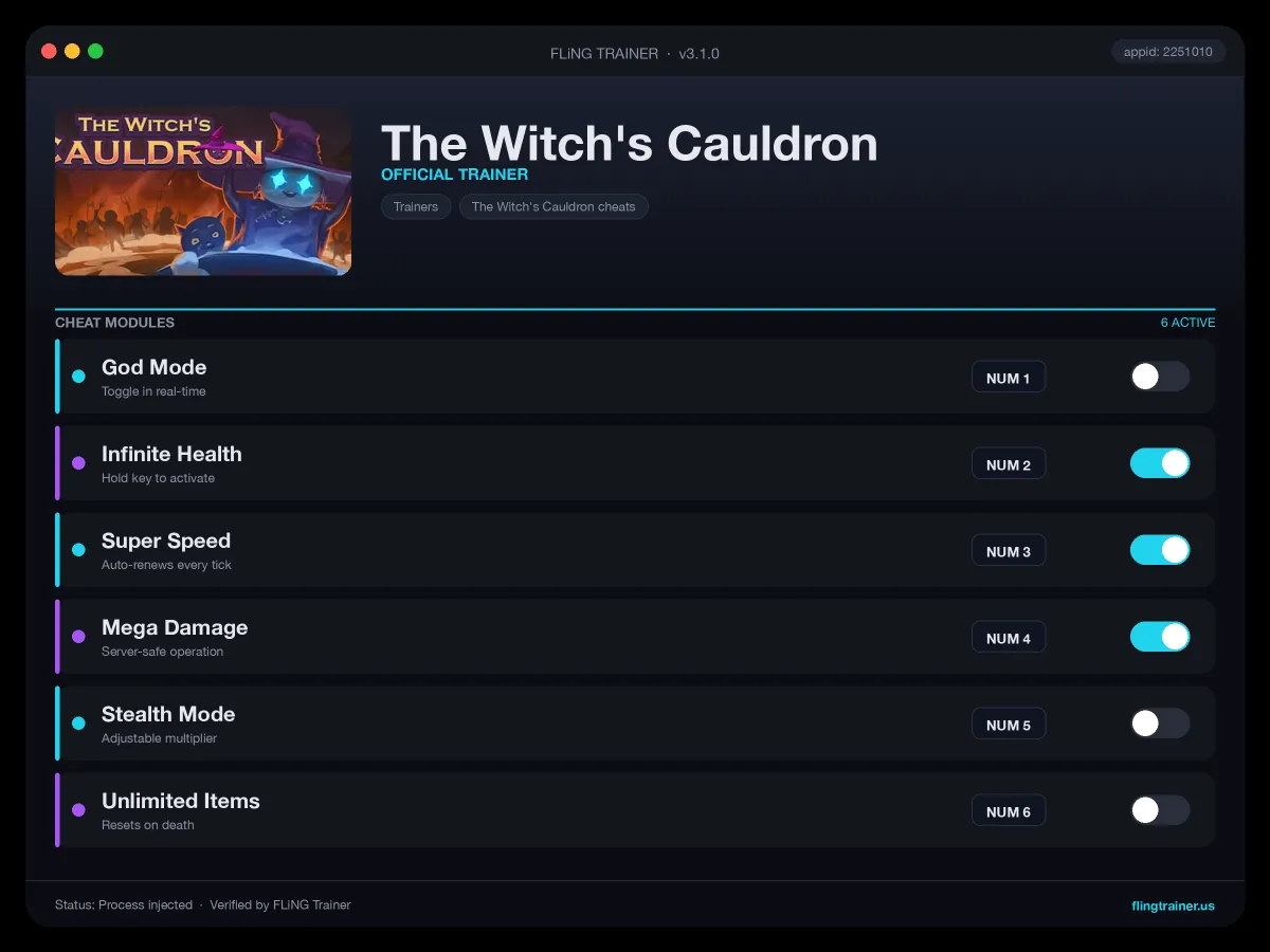 The Witch's Cauldron Trainer interface