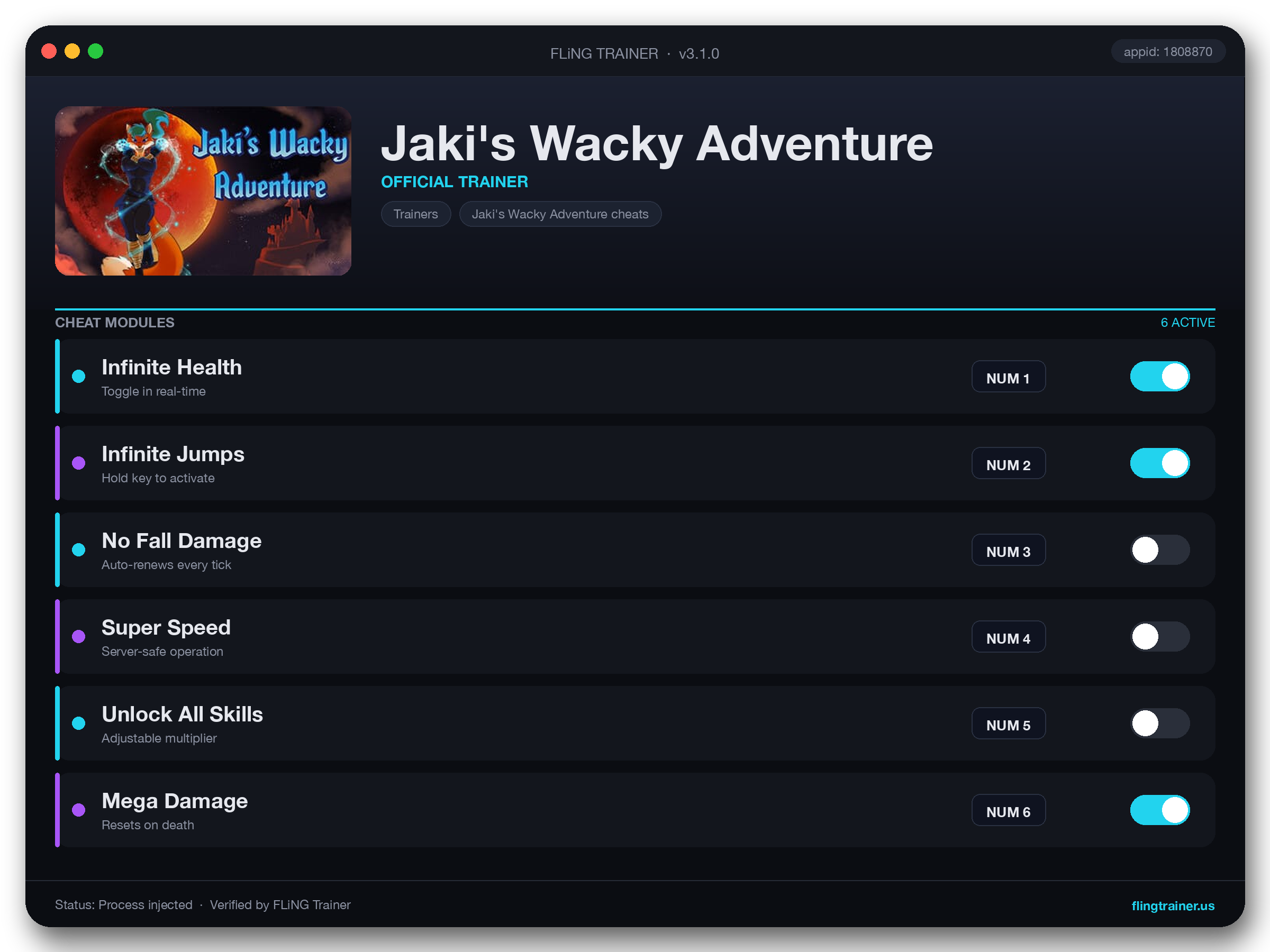 Jaki's Wacky Adventure Trainer interface