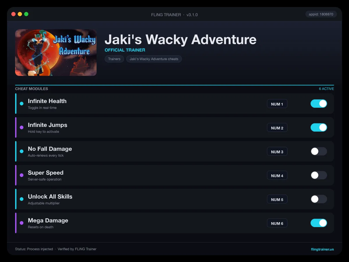 Jaki's Wacky Adventure Trainer interface