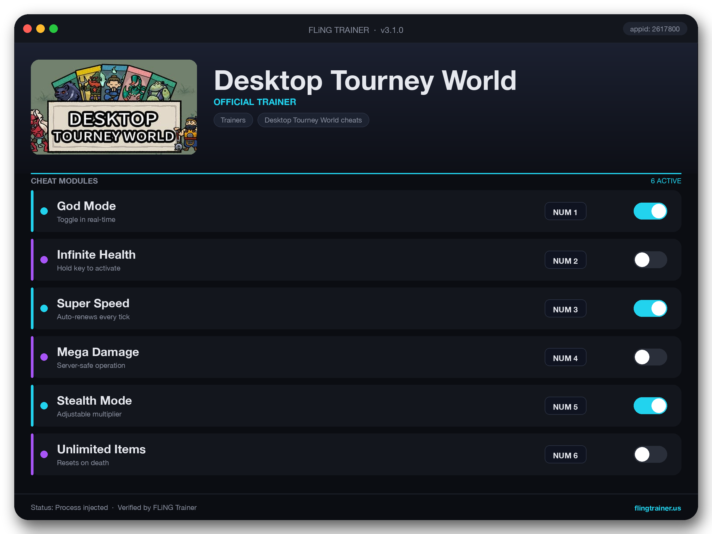 Desktop Tourney World Trainer interface