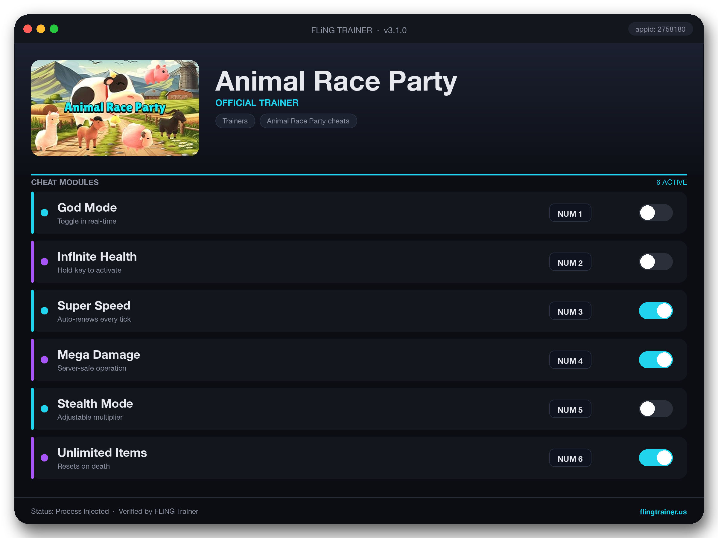 Animal Race Party Trainer interface