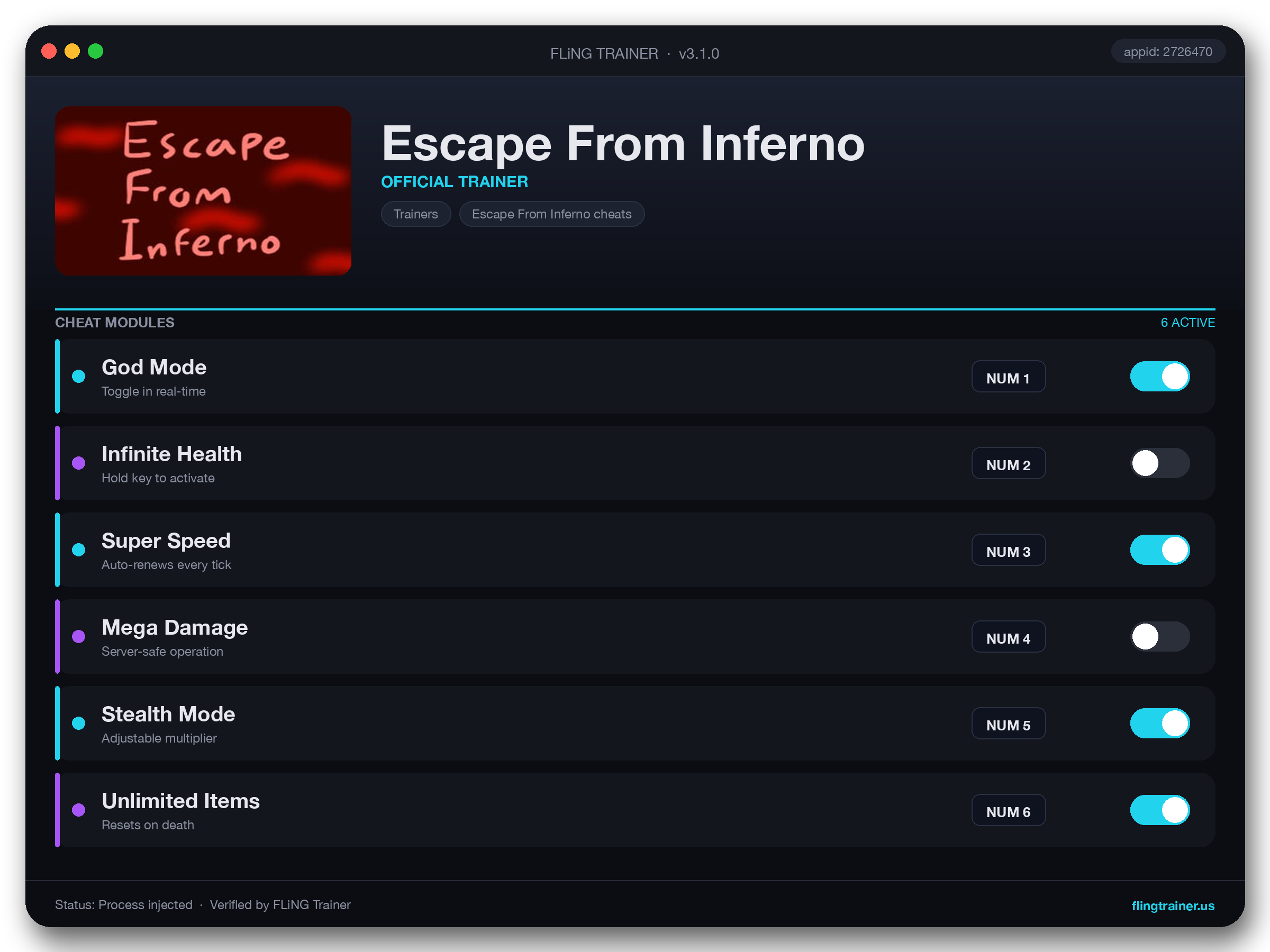 Escape From Inferno Trainer interface