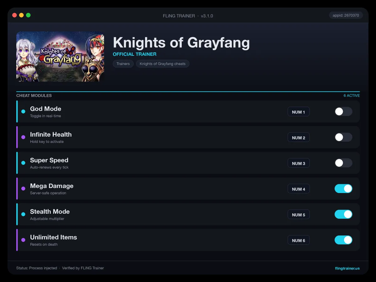 Knights of Grayfang Trainer interface
